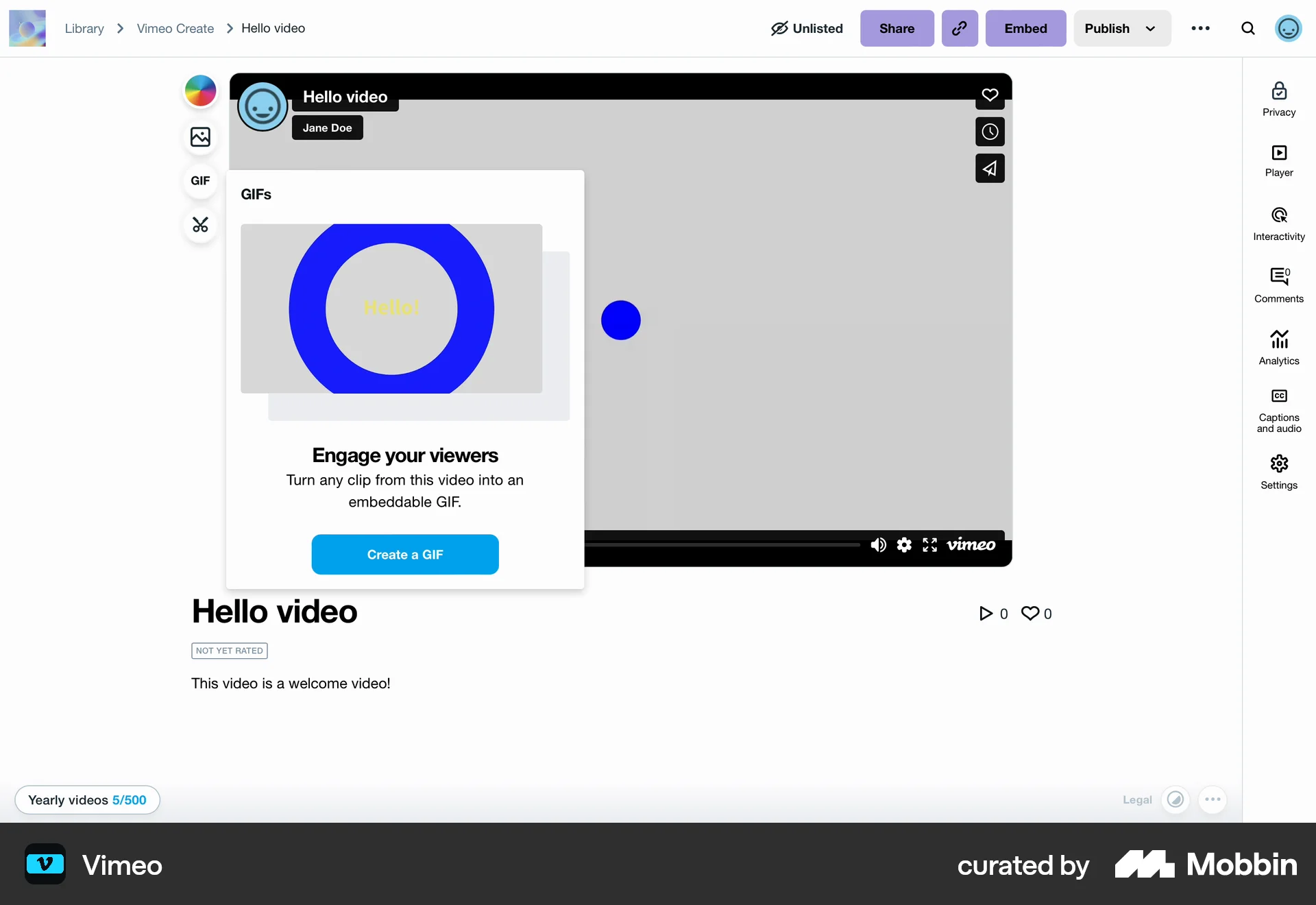 Vimeo Web Feature Info screen