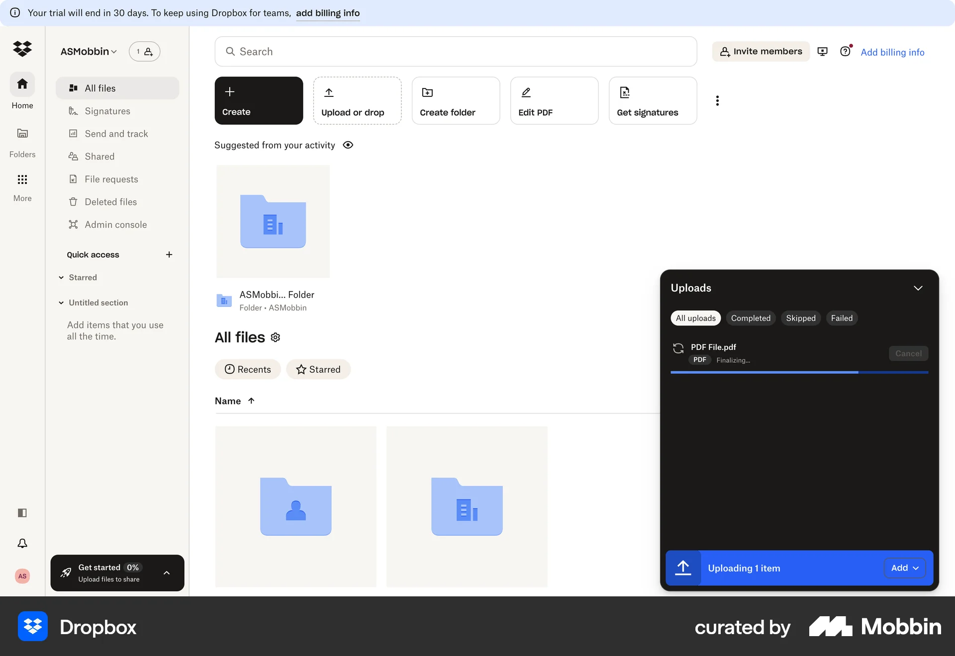 Dropbox Web screen containing Loading Indicator UI element
