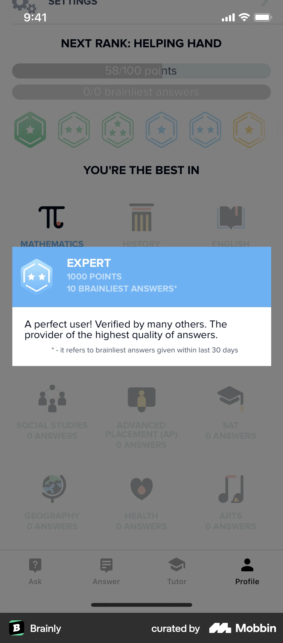 Brainly iOS Achievements & Awards screen