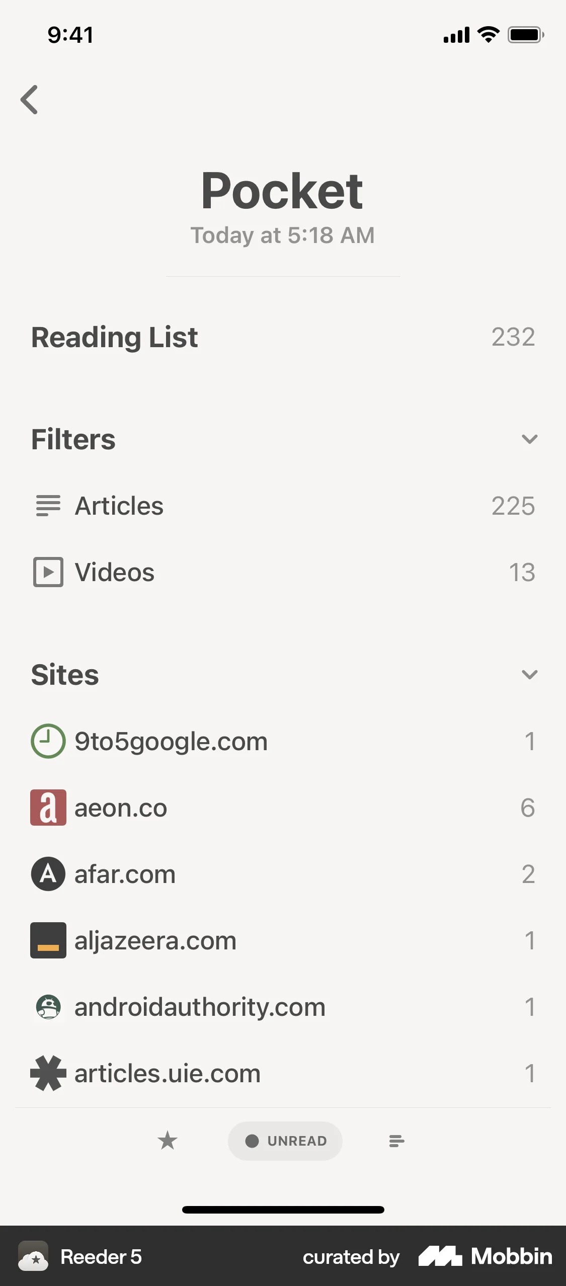 Reeder 5 iOS Bookmarks & Collections screen