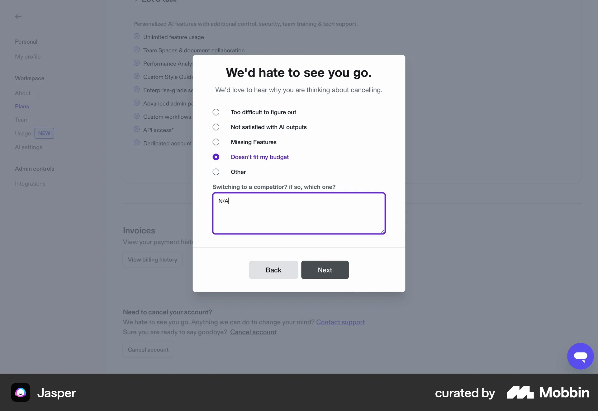 Jasper Web Cancel screen