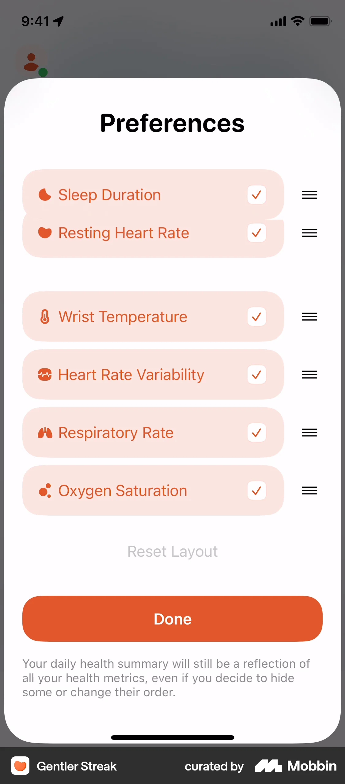 Gentler Streak iOS Reorder screen