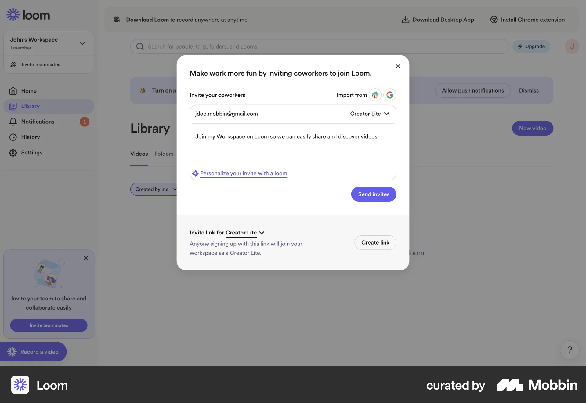 Loom Web Invite Teammates screen