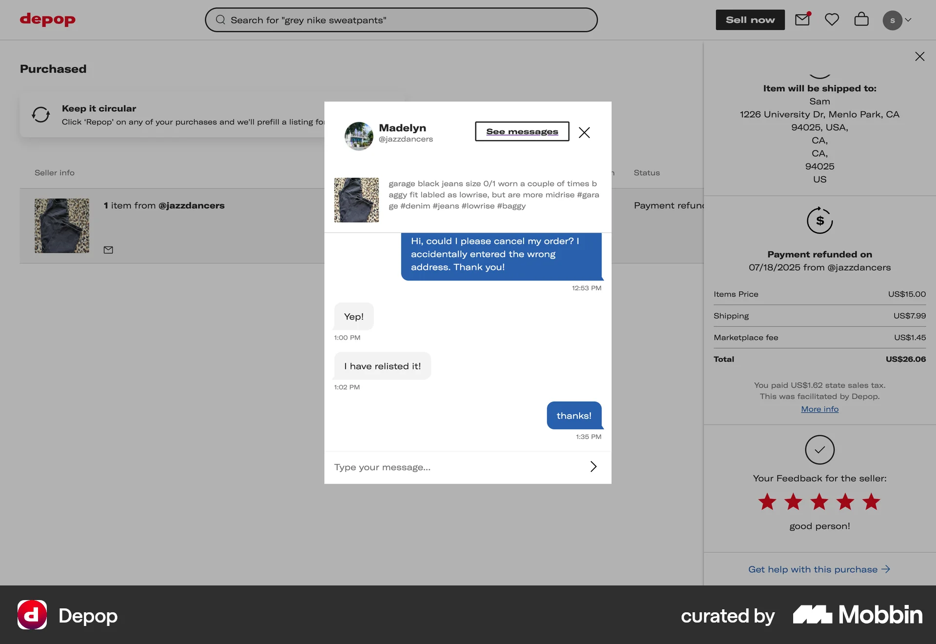 Depop Web Chat Detail screen