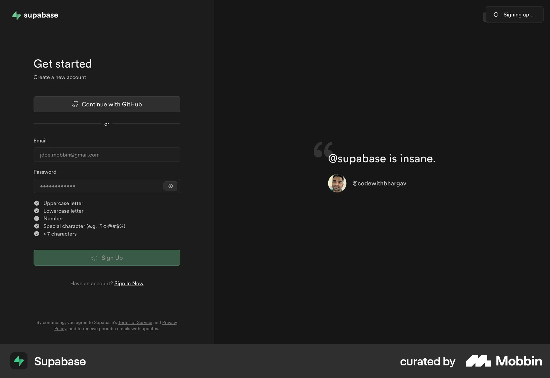 Supabase Web screen containing Loading Indicator UI element