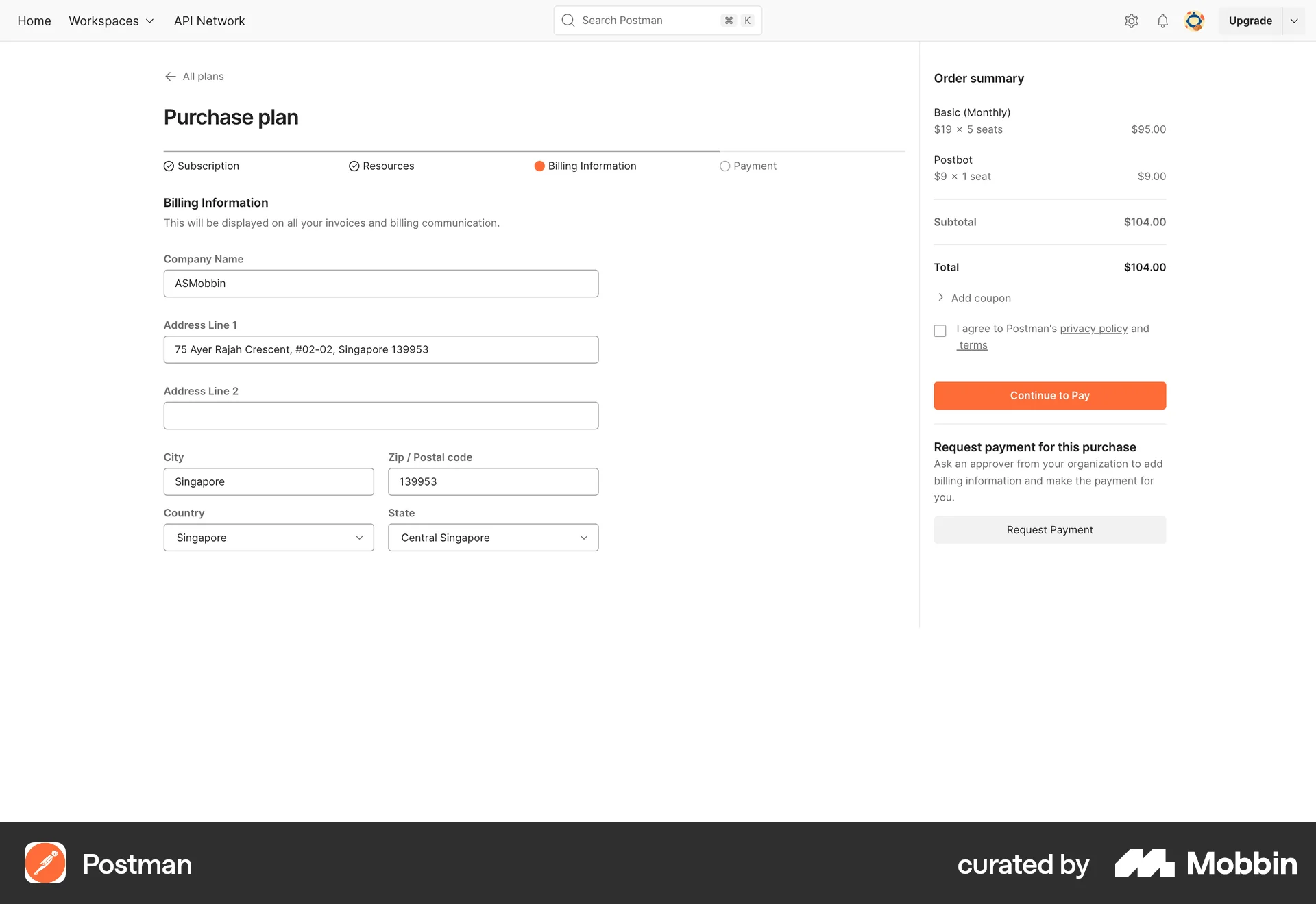 Postman Web Checkout screen