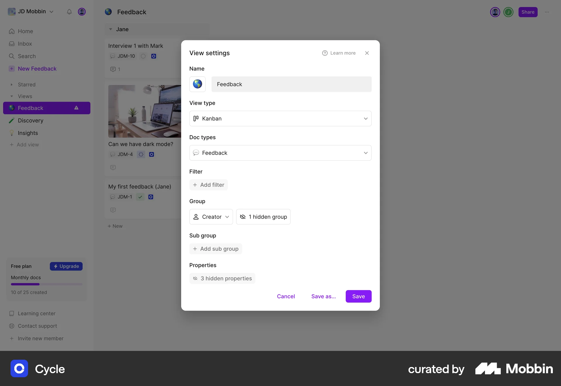 Cycle Web Settings & Preferences screen