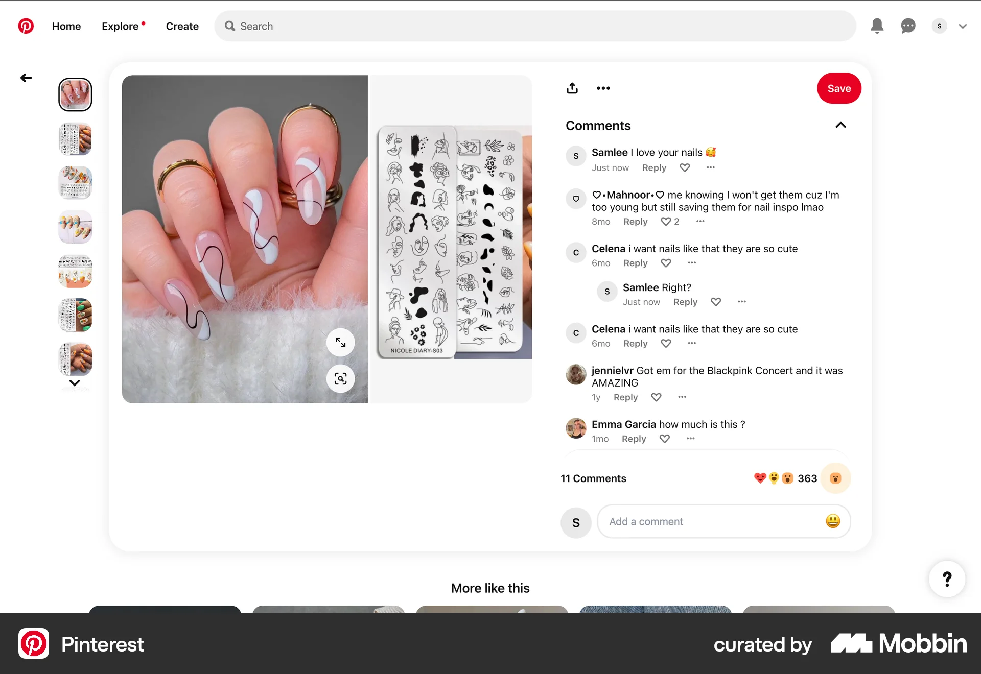 Pinterest Web Comments screen