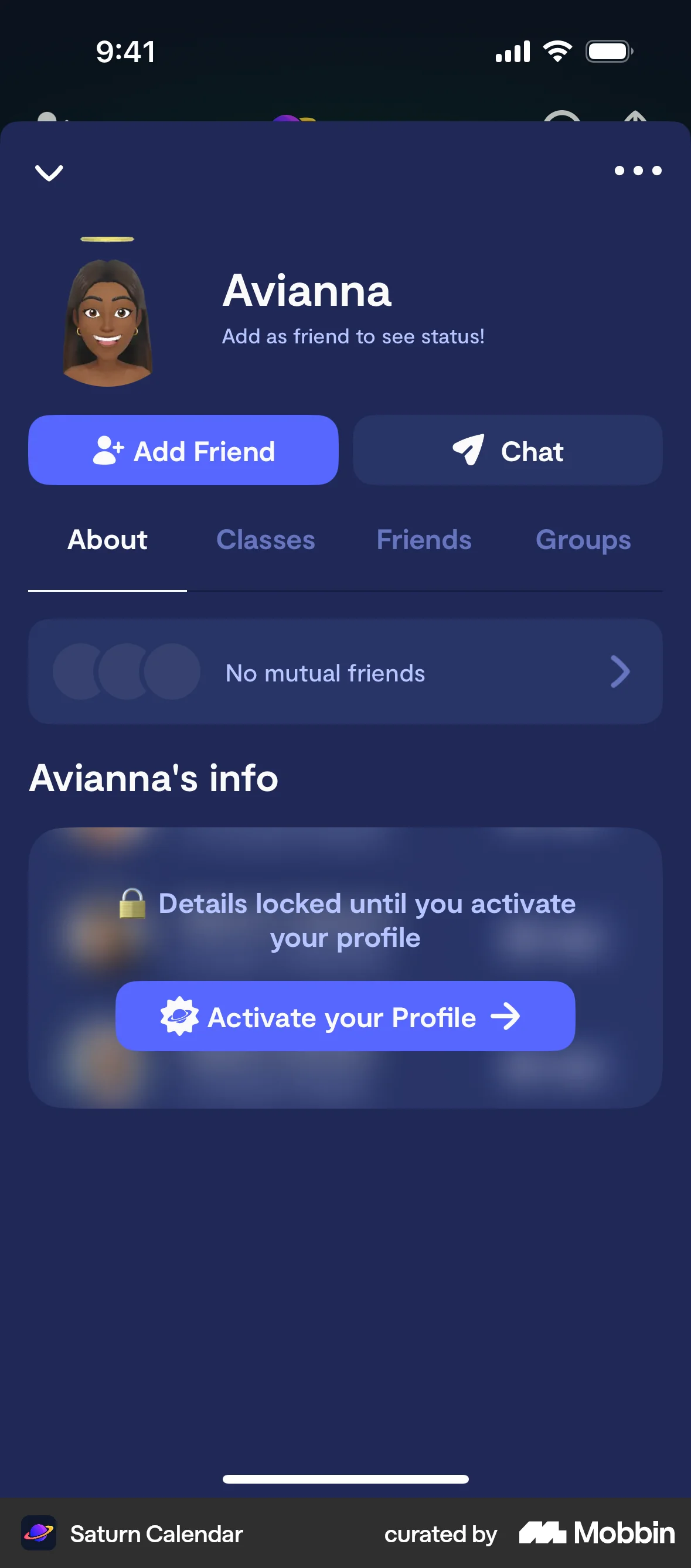 Saturn Calendar iOS User / Group Profile screen