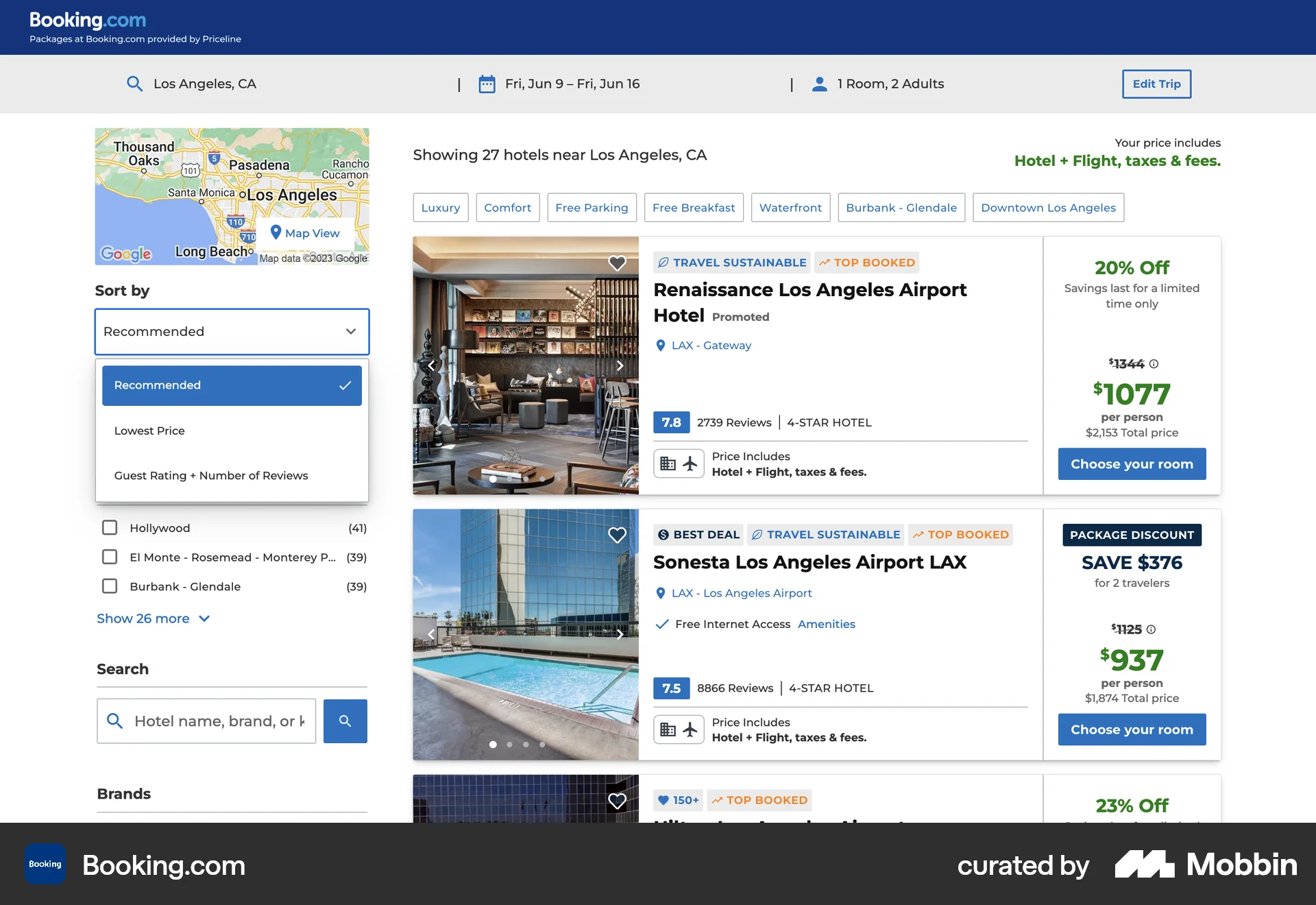 Booking.com Web Filter & Sort screen