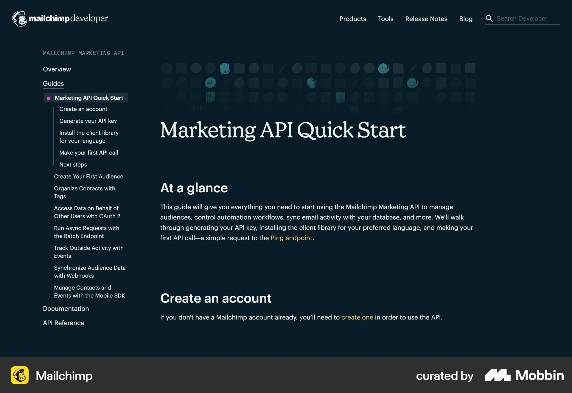 Mailchimp Web screen containing Table of Contents UI element