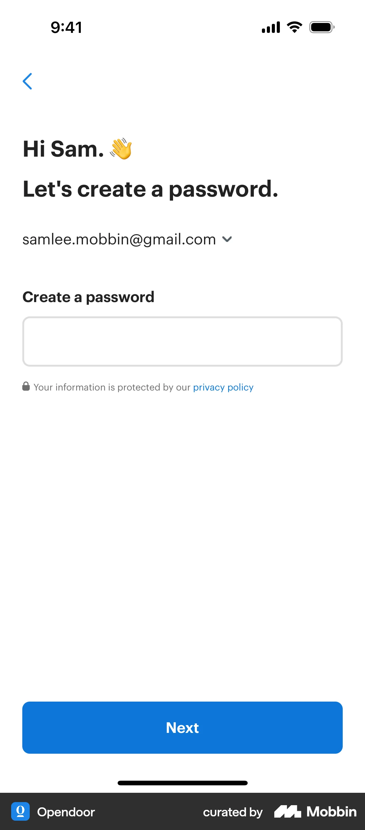 Opendoor iOS Signup screen