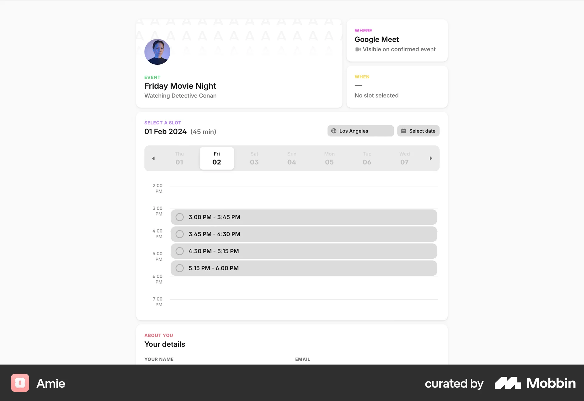 Amie Web screen containing Time Picker UI element