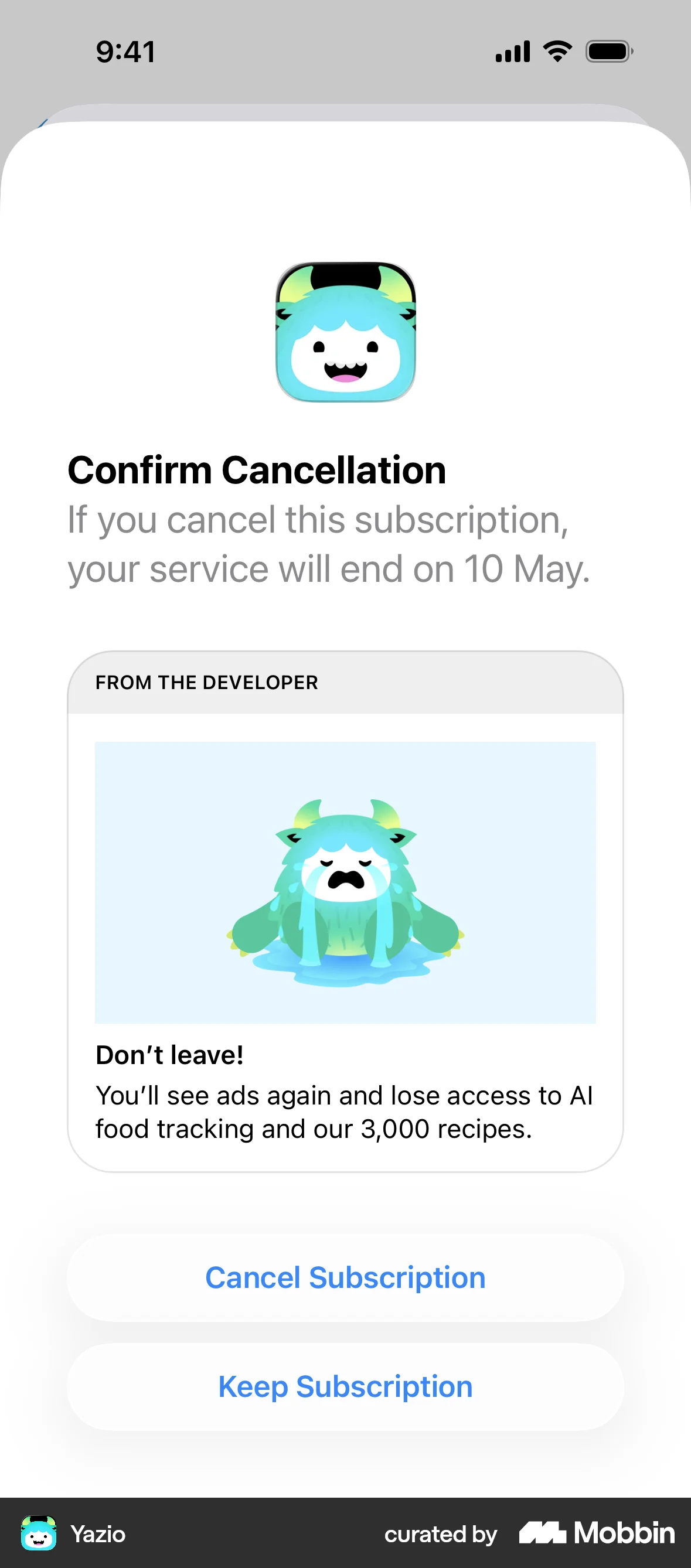 Yazio iOS Confirmation screen
