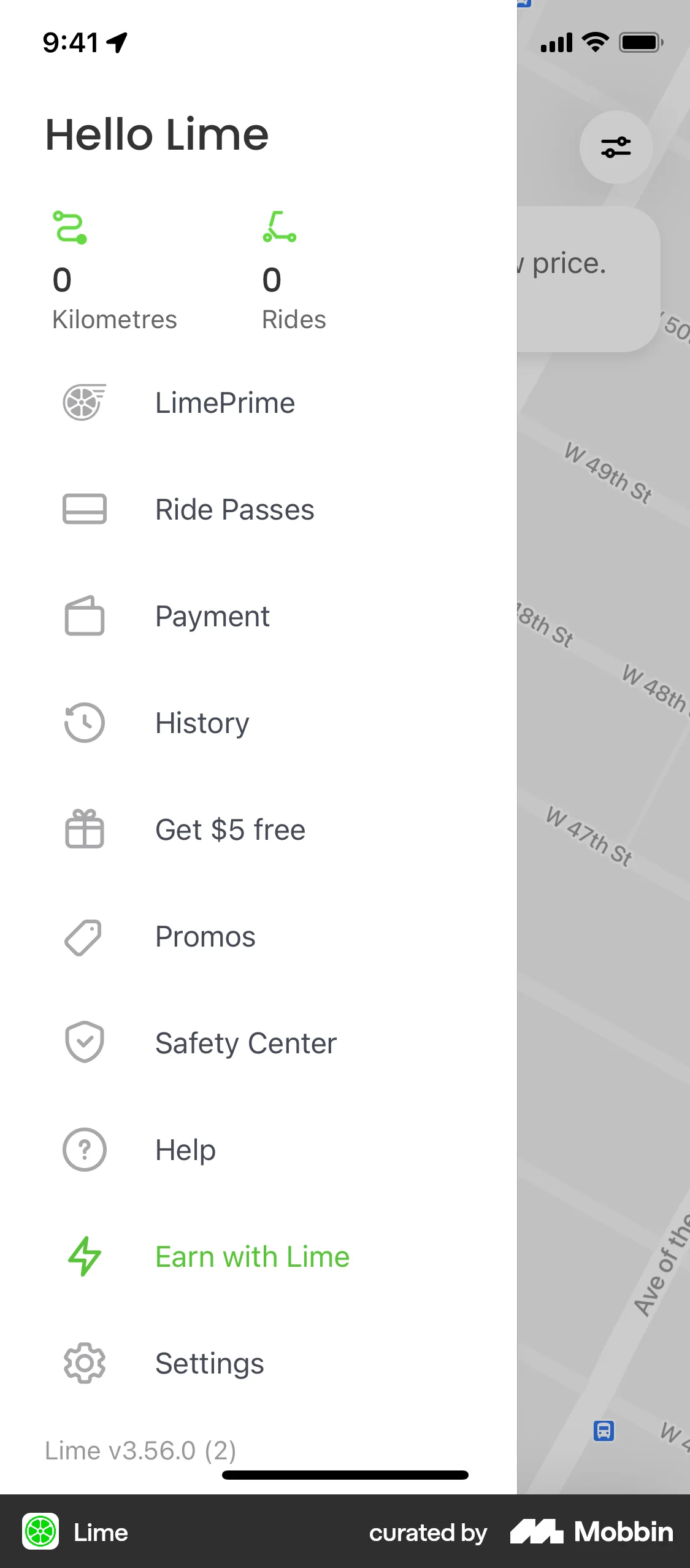Lime iOS screen containing Side Navigation UI element