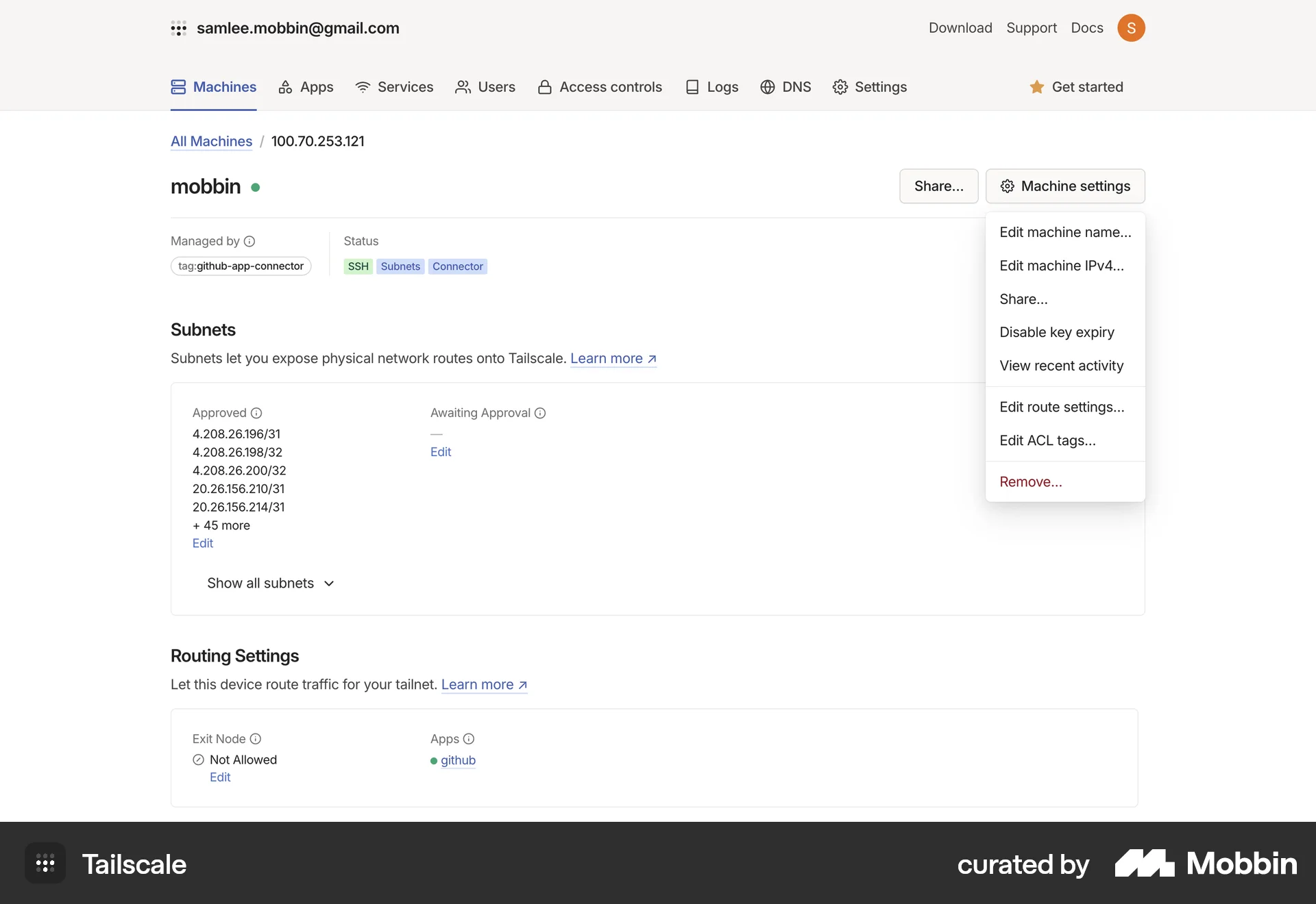 Tailscale Web Action Option screen