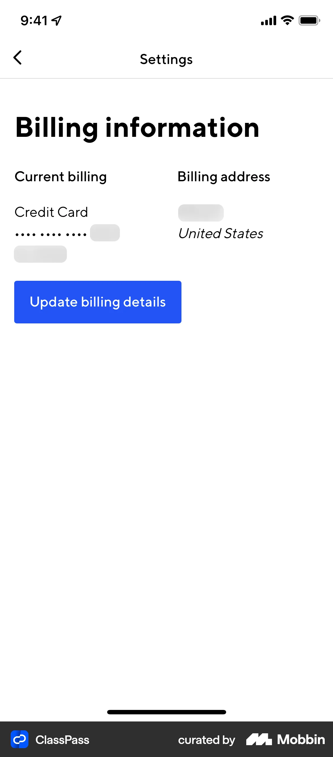 ClassPass iOS Payment Method screen