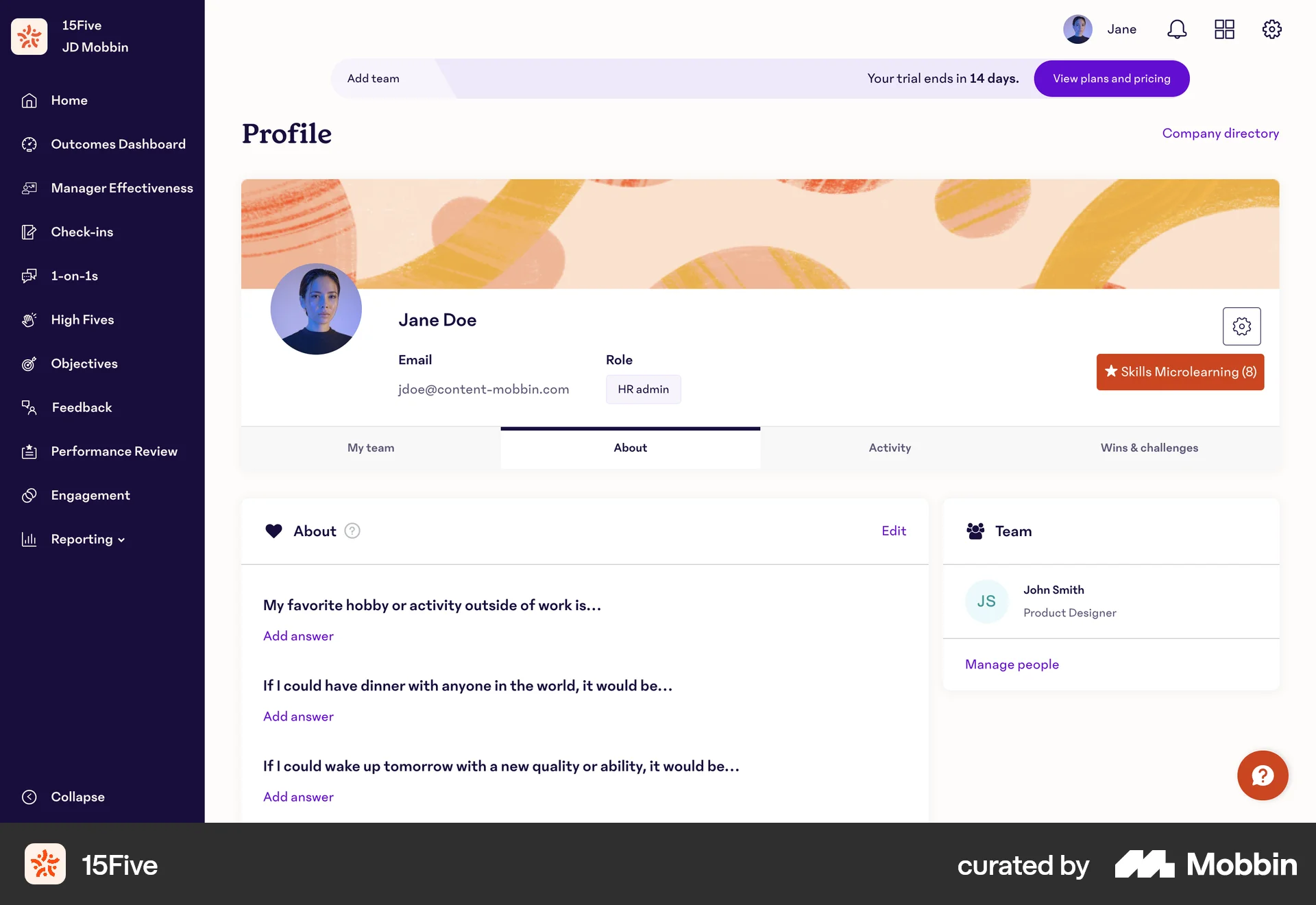 15Five Web My Account & Profile screen