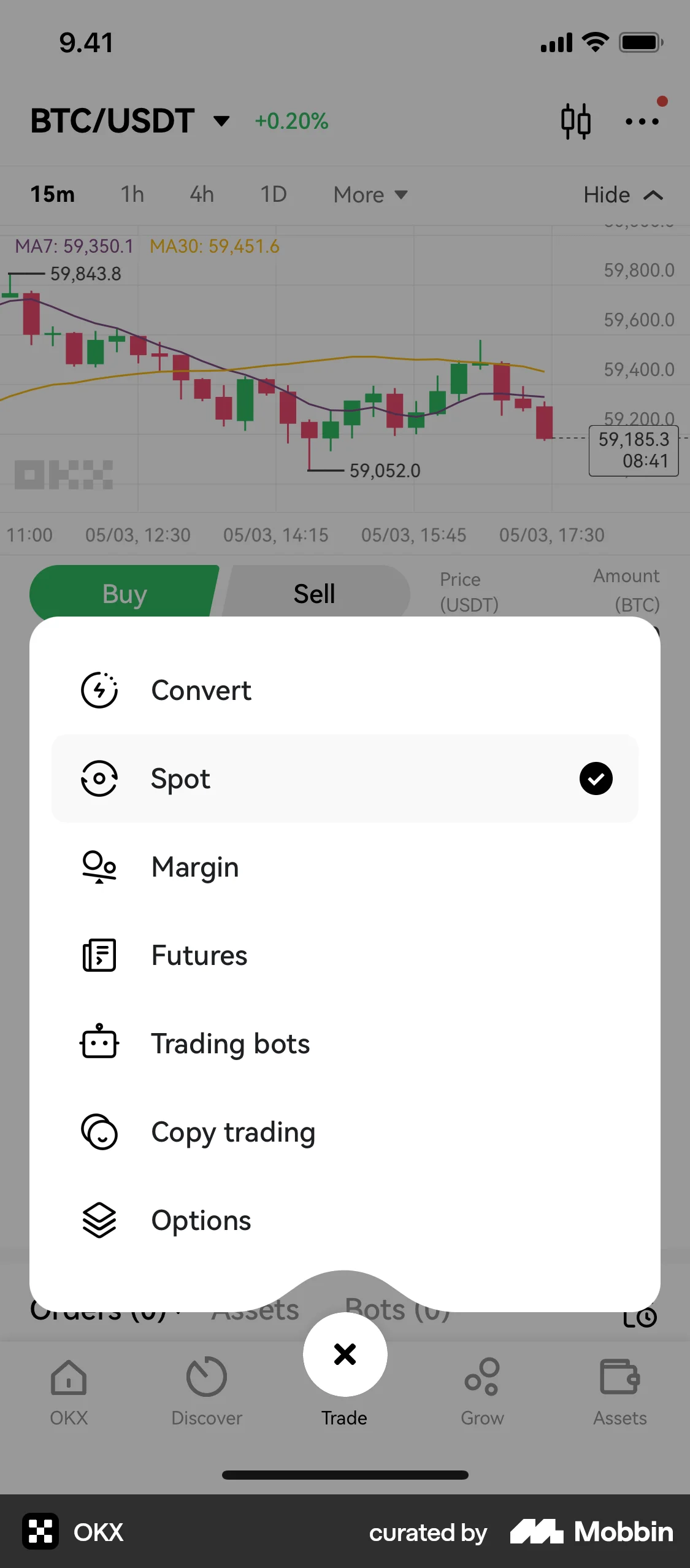 OKX iOS screen containing Action Sheet UI element