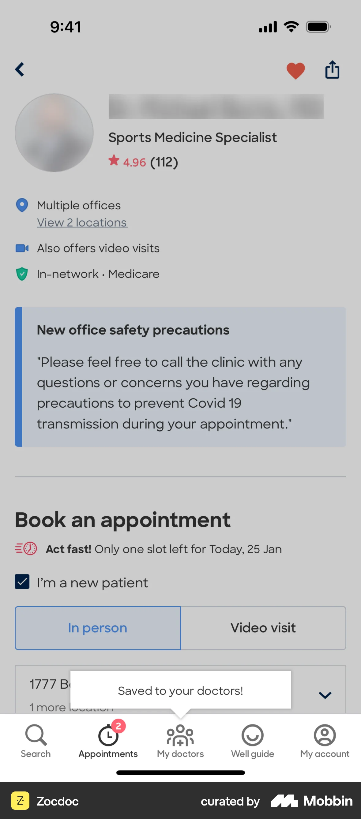 Zocdoc iOS screen containing Coach Marks UI element