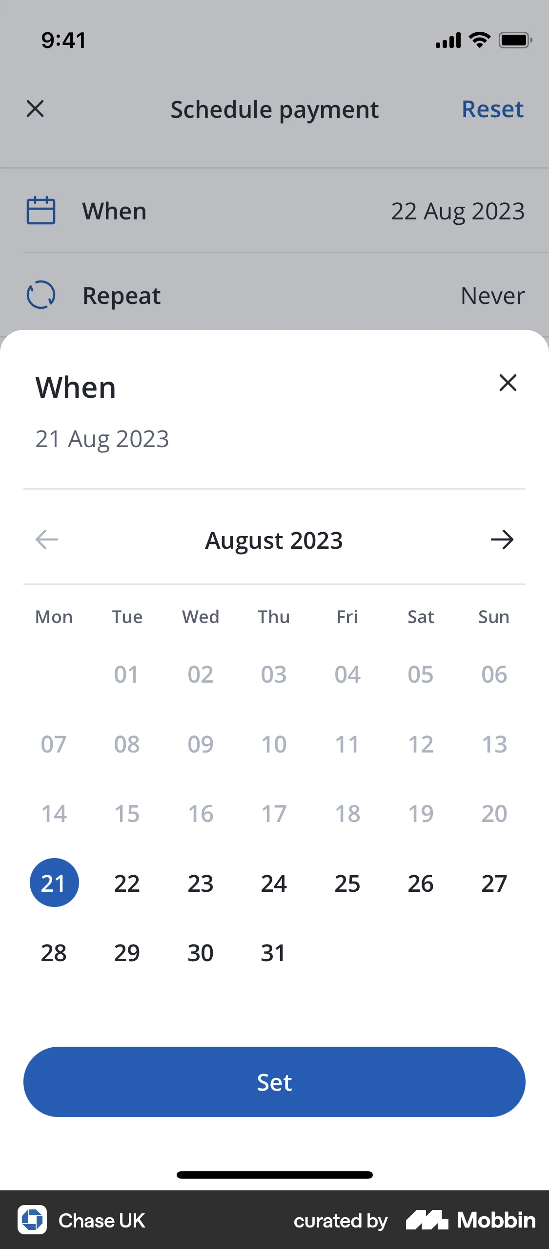 Chase UK iOS screen containing Date Picker UI element
