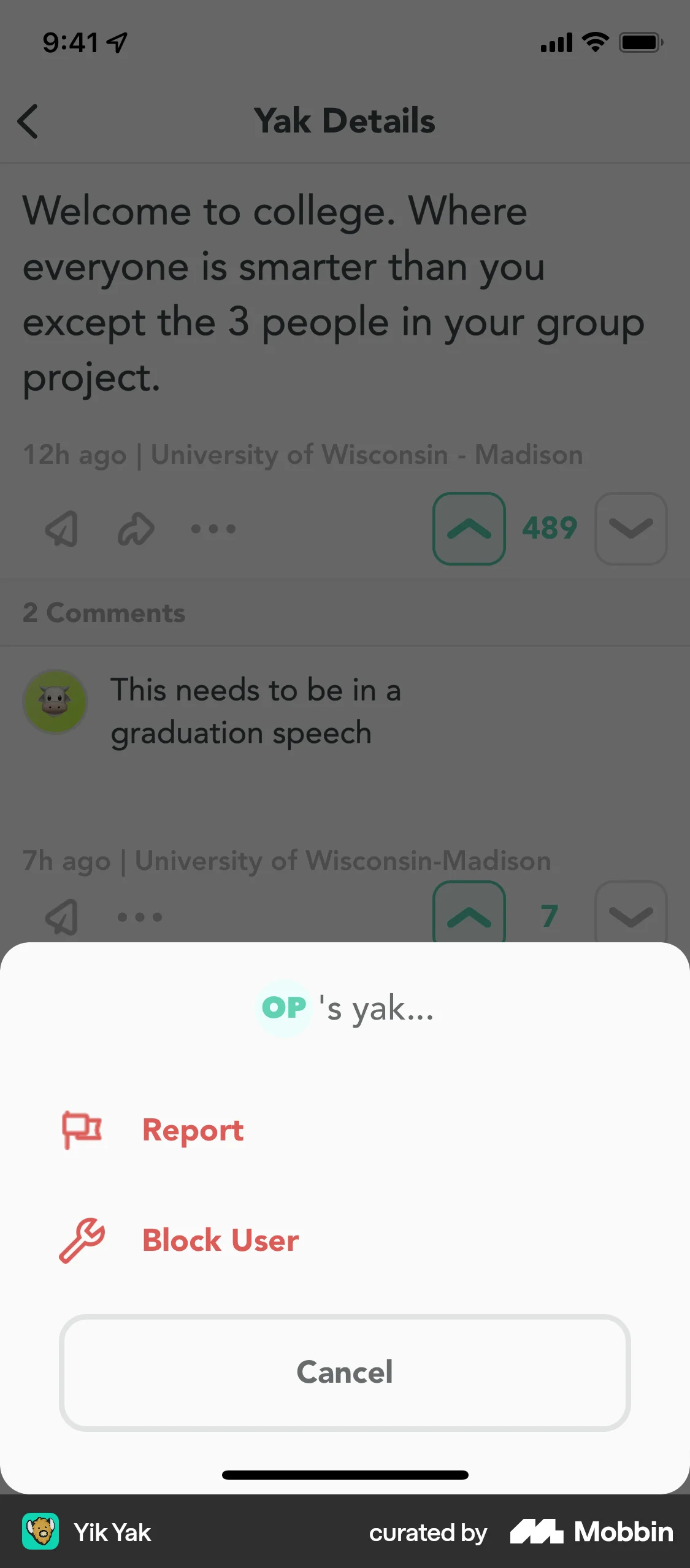 Yik Yak iOS Action Option screen