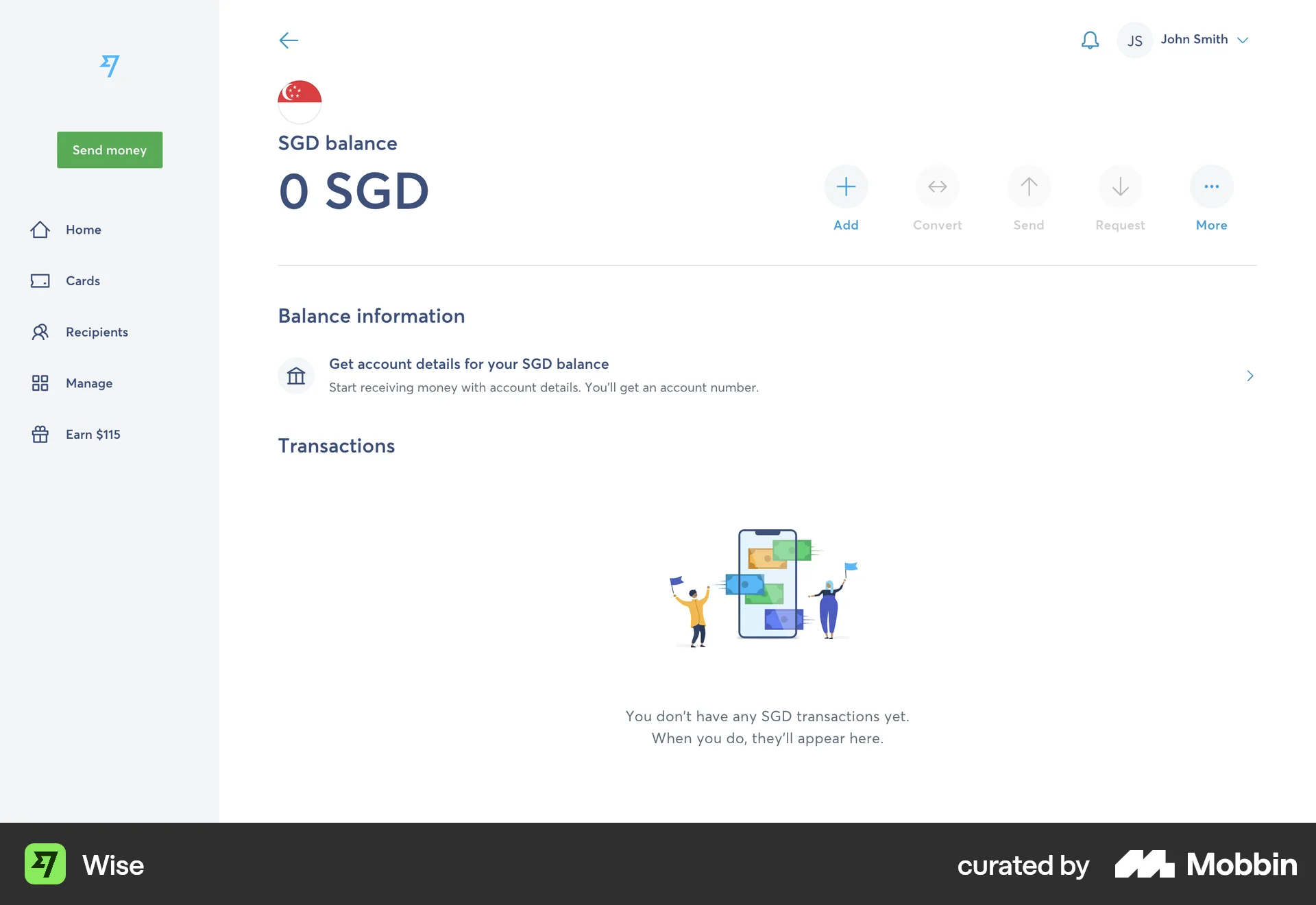 Wise Web Wallet & Balance screen