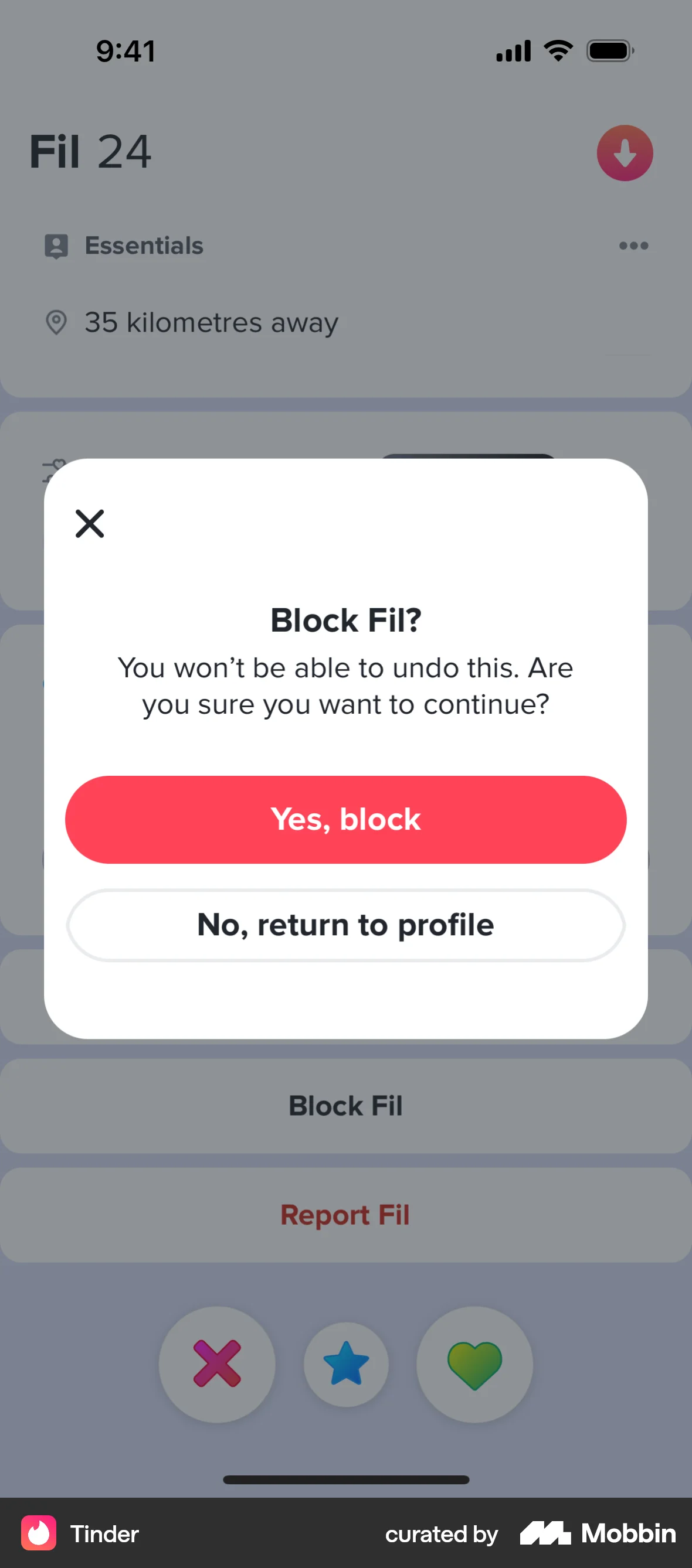 Tinder iOS Ban & Block screen