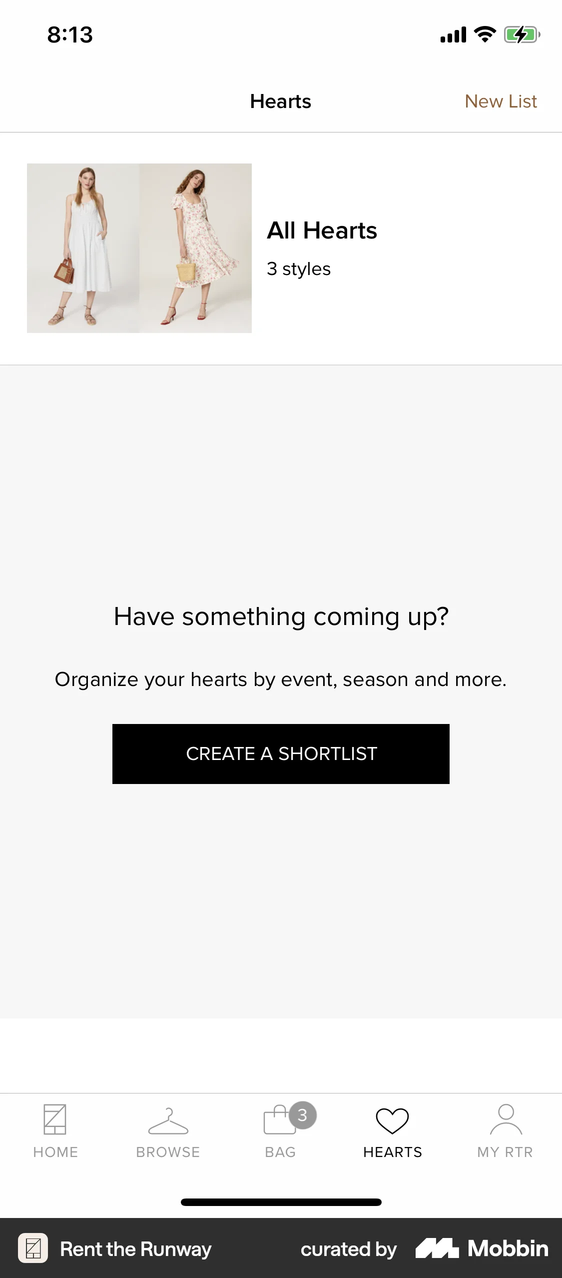 Rent the Runway iOS Bookmarks & Collections screen