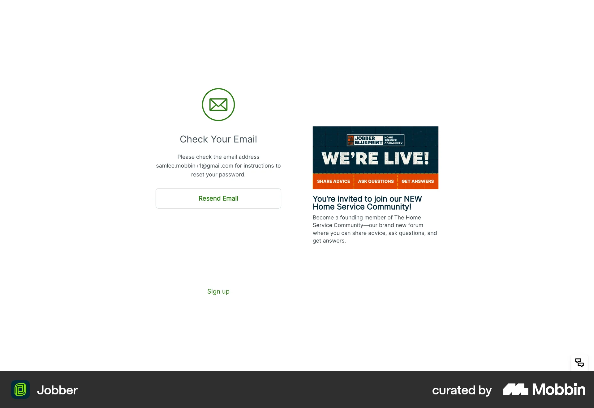 Jobber Web Forgot Password screen