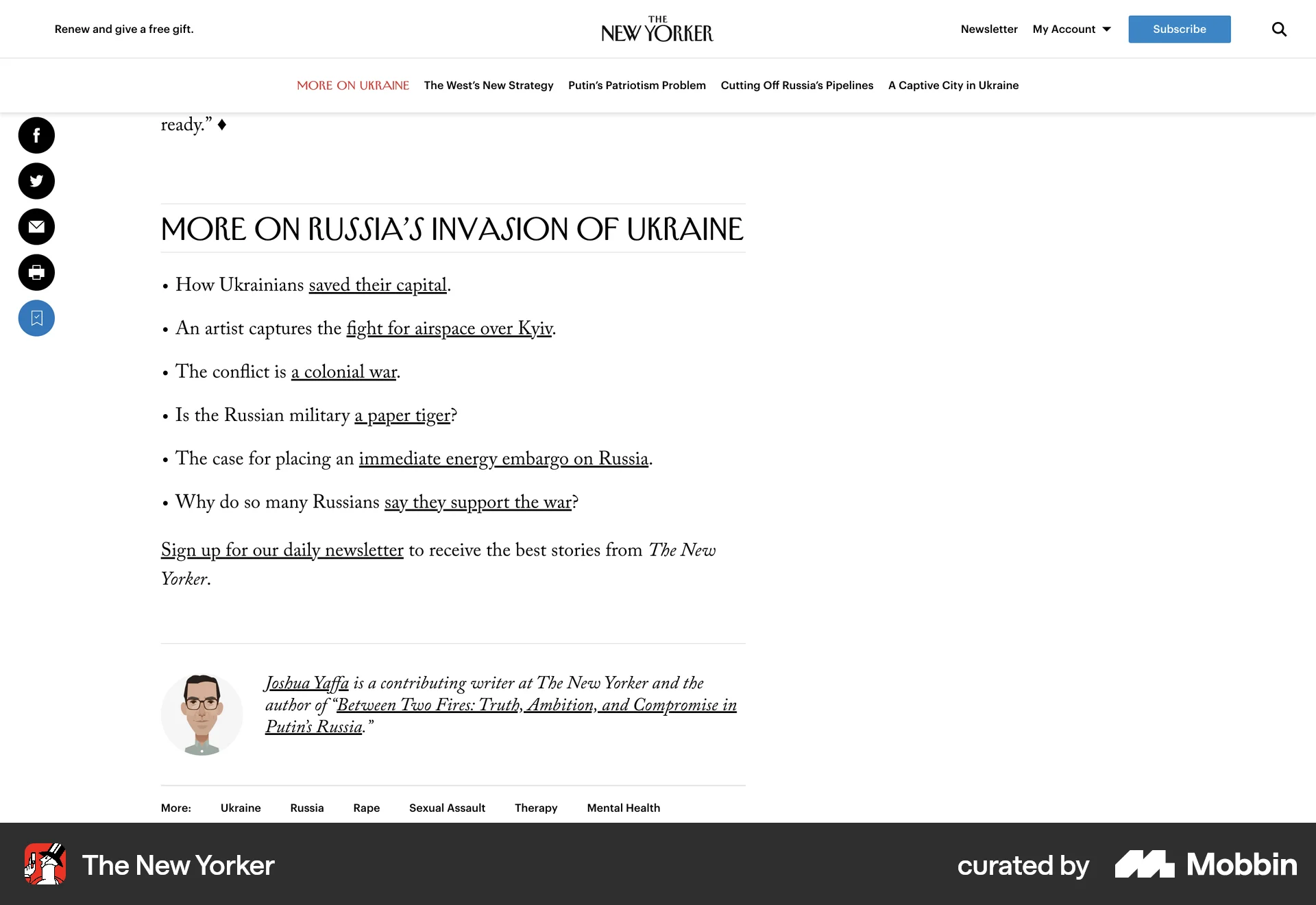 The New Yorker Web Article Detail screen