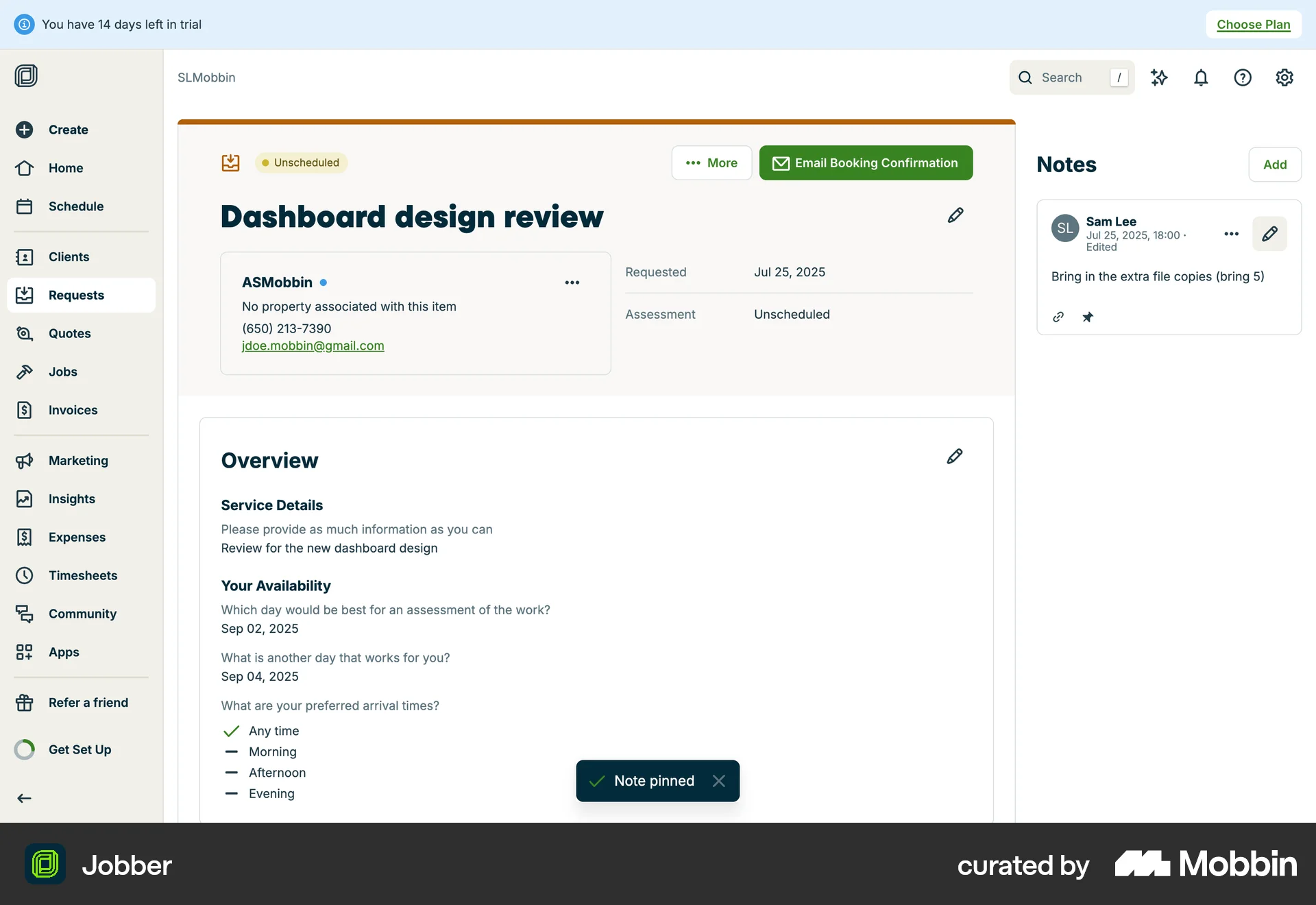 Jobber Web Favorite & Pin screen