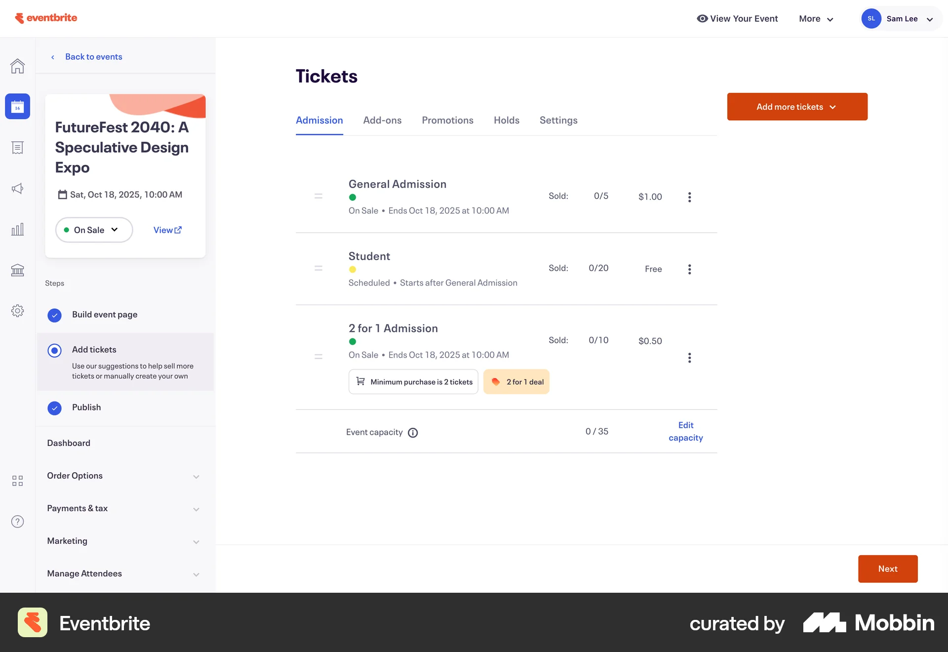 Eventbrite Web screen containing Side Navigation UI element