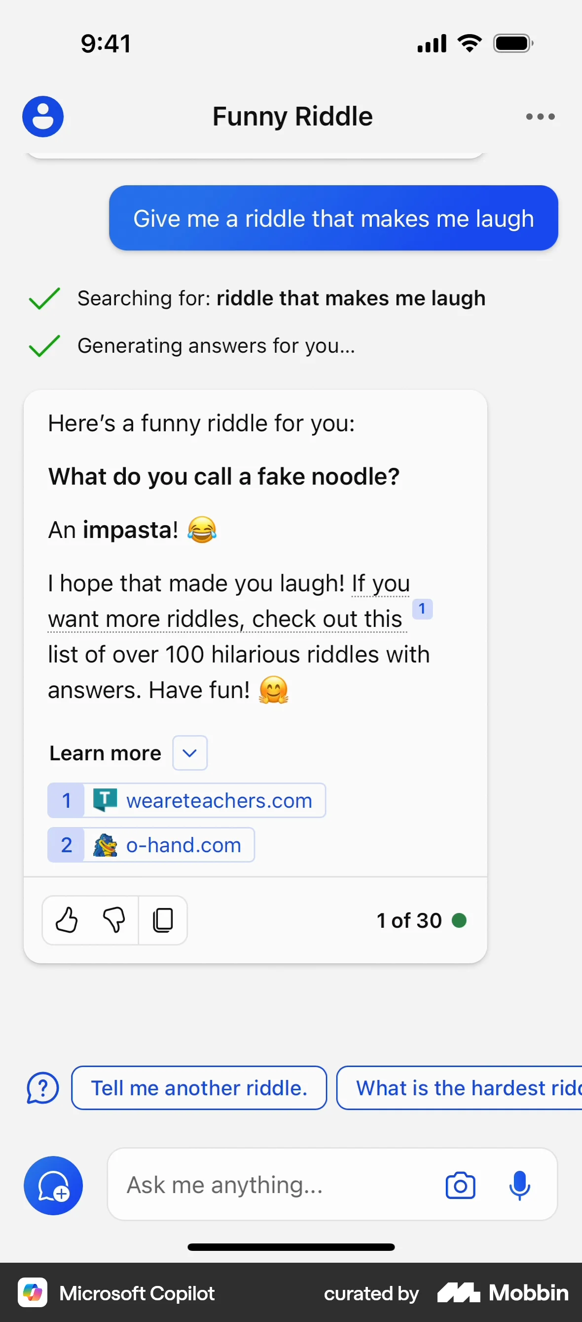 Microsoft Copilot iOS Chat Bot screen