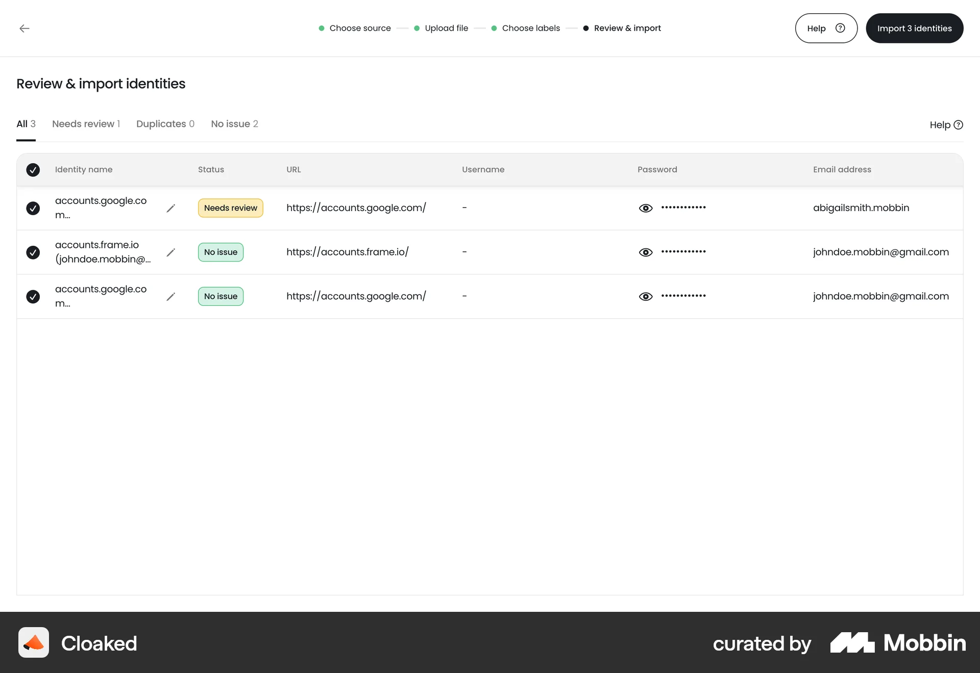 Cloaked Web Import & Export screen