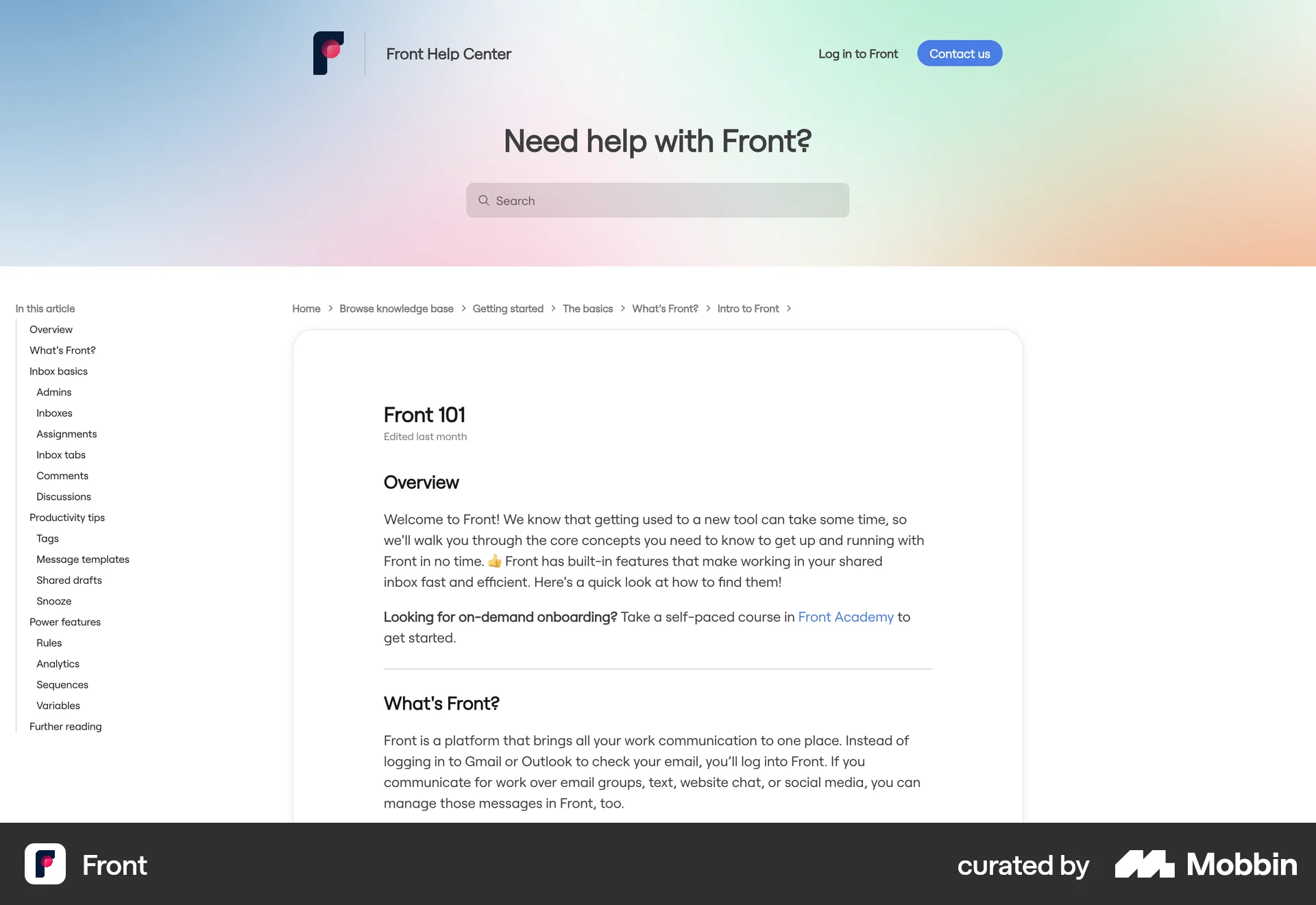 Front Web screen containing Table of Contents UI element