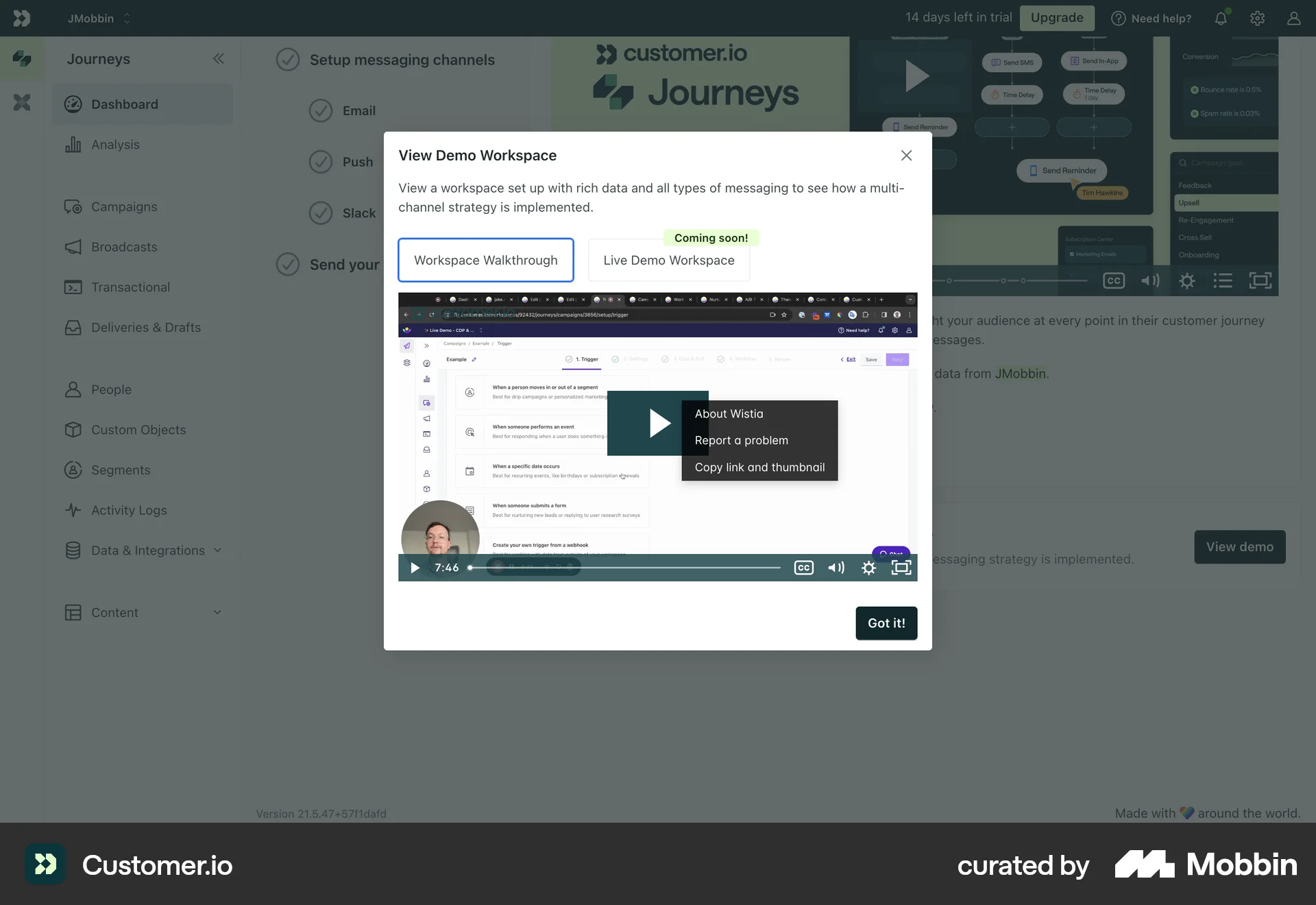 Customer.io Web screen containing Context Menu UI element