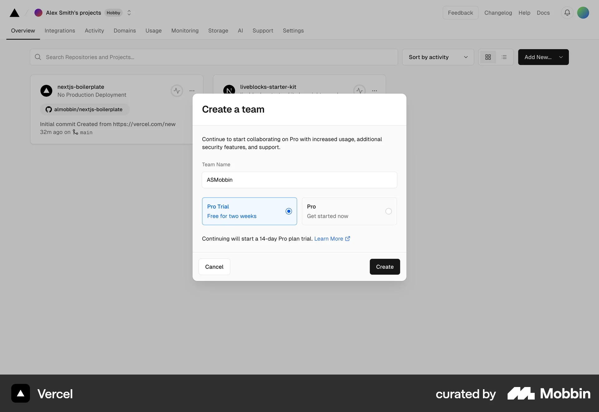 Vercel Web screen containing Radio Button UI element