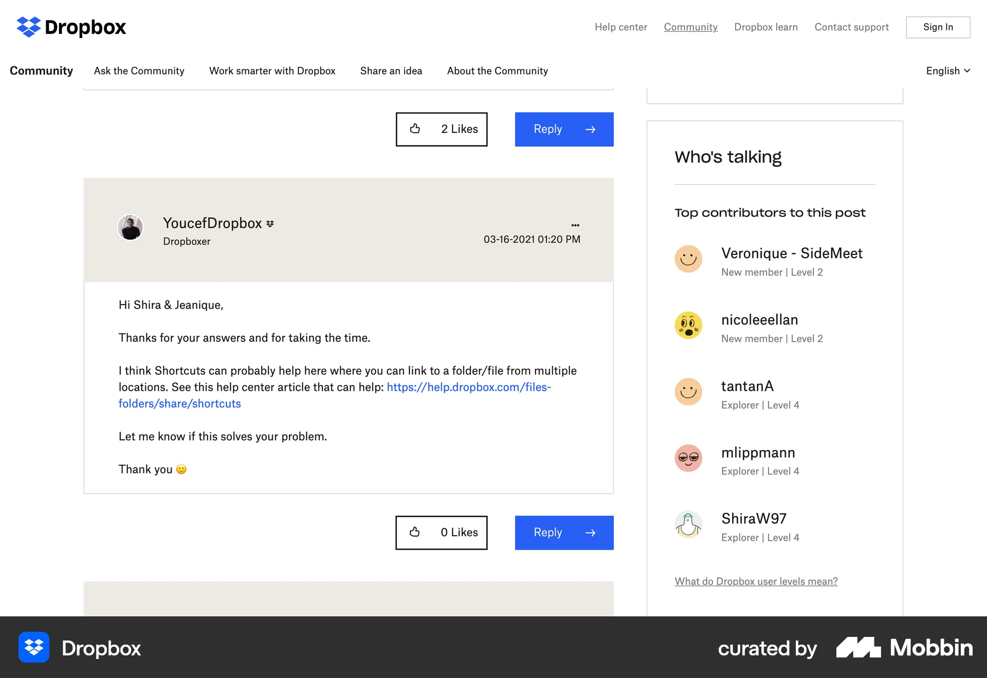 Dropbox Web Comments screen