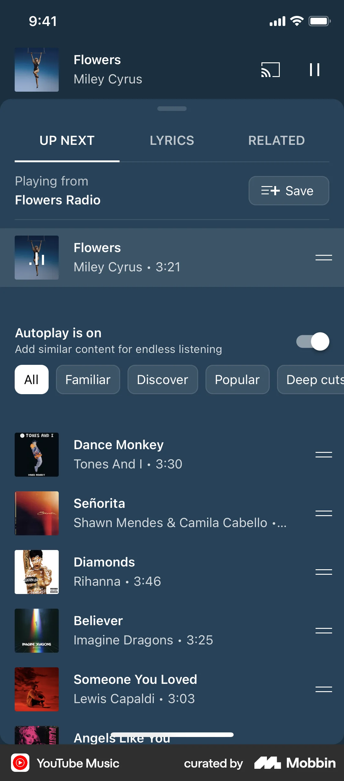 YouTube Music iOS screen containing Tab UI element