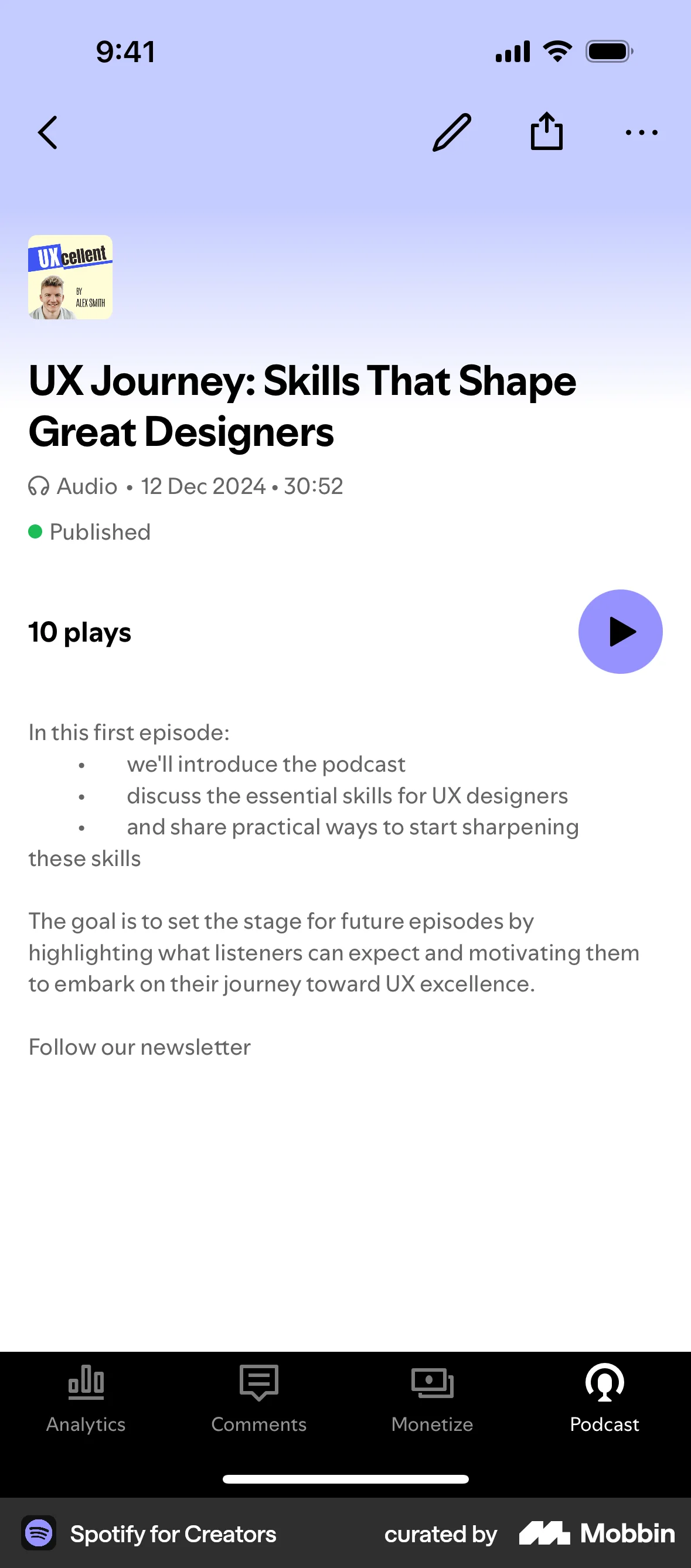 Spotify for Creators iOS Song & Podcast Detail screen