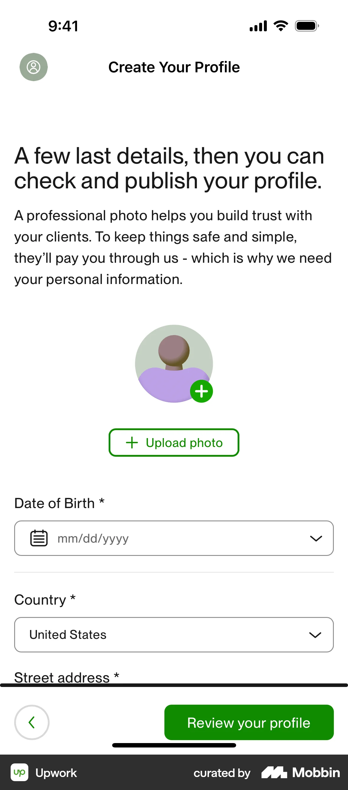 Upwork iOS Upload & Download screen