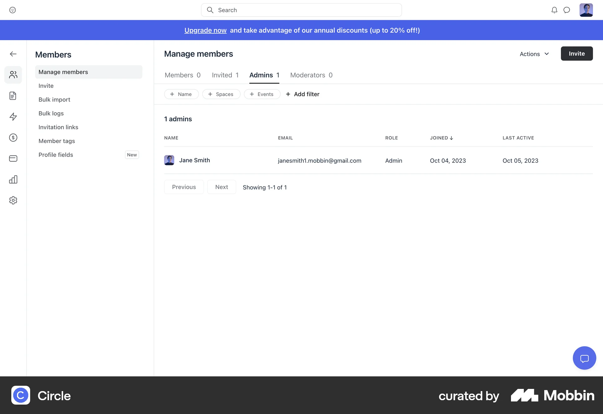 Circle Web Admin UI screen