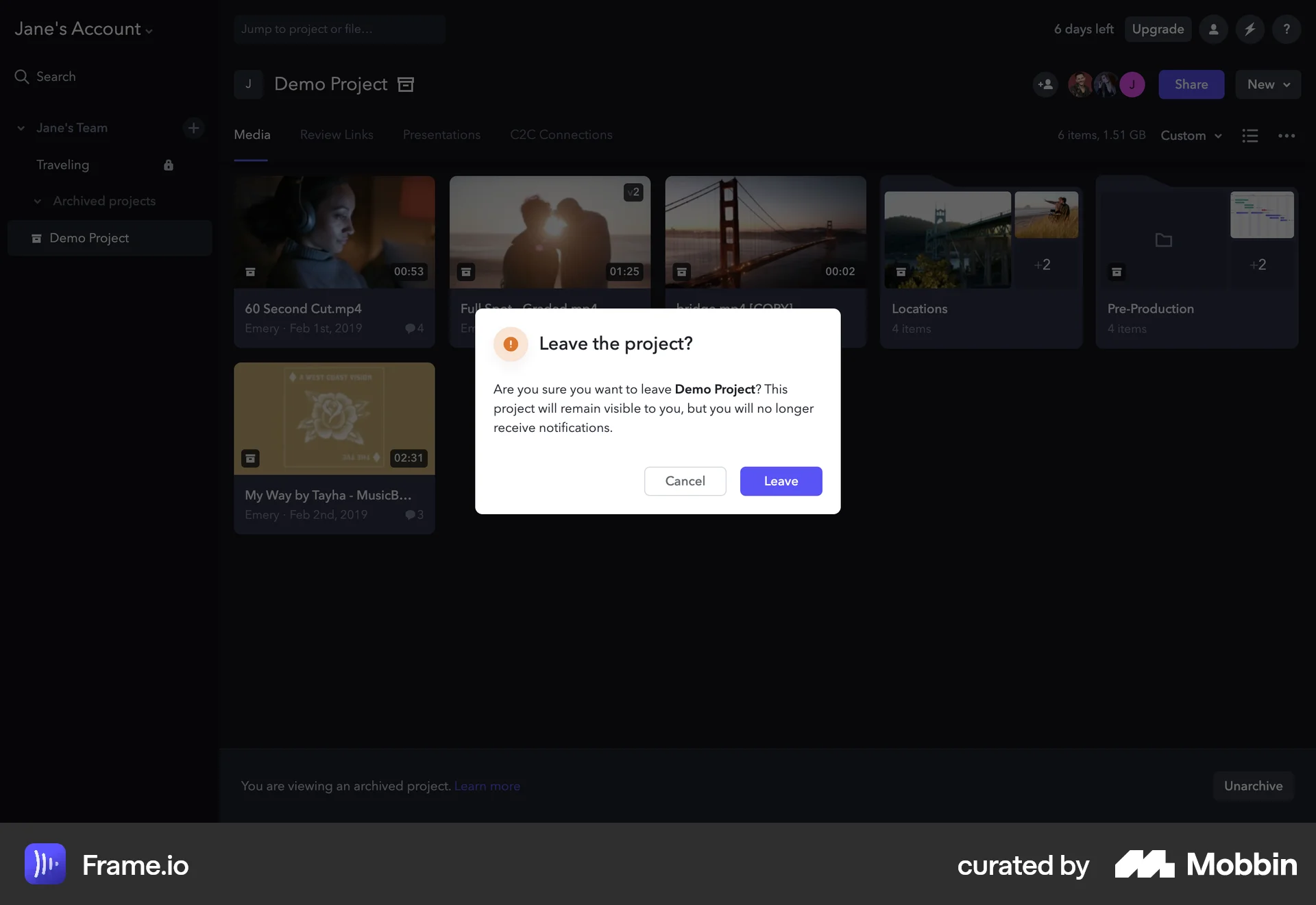 Frame.io Web Other Action screen
