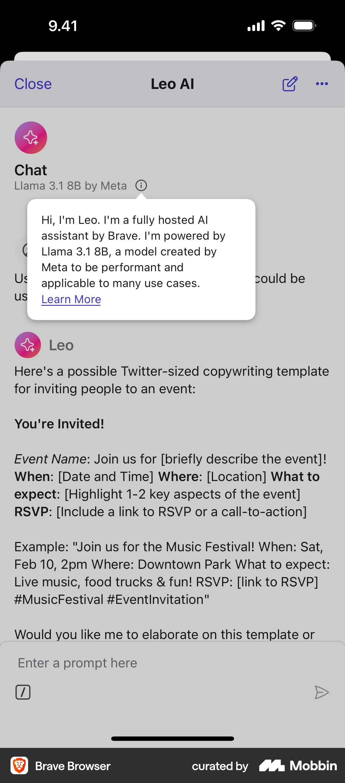 Brave Browser iOS screen containing Tooltip UI element