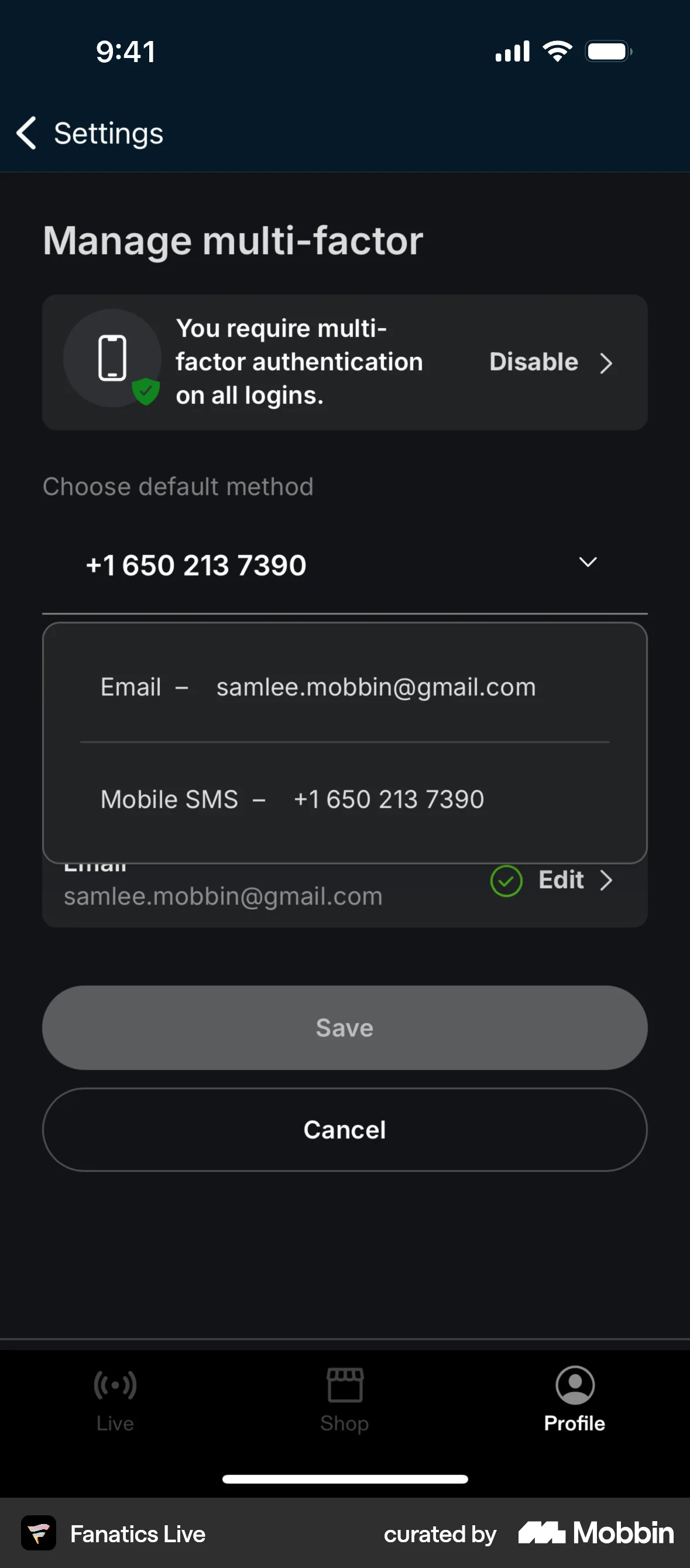 Fanatics Live iOS screen containing Dropdown Menu UI element
