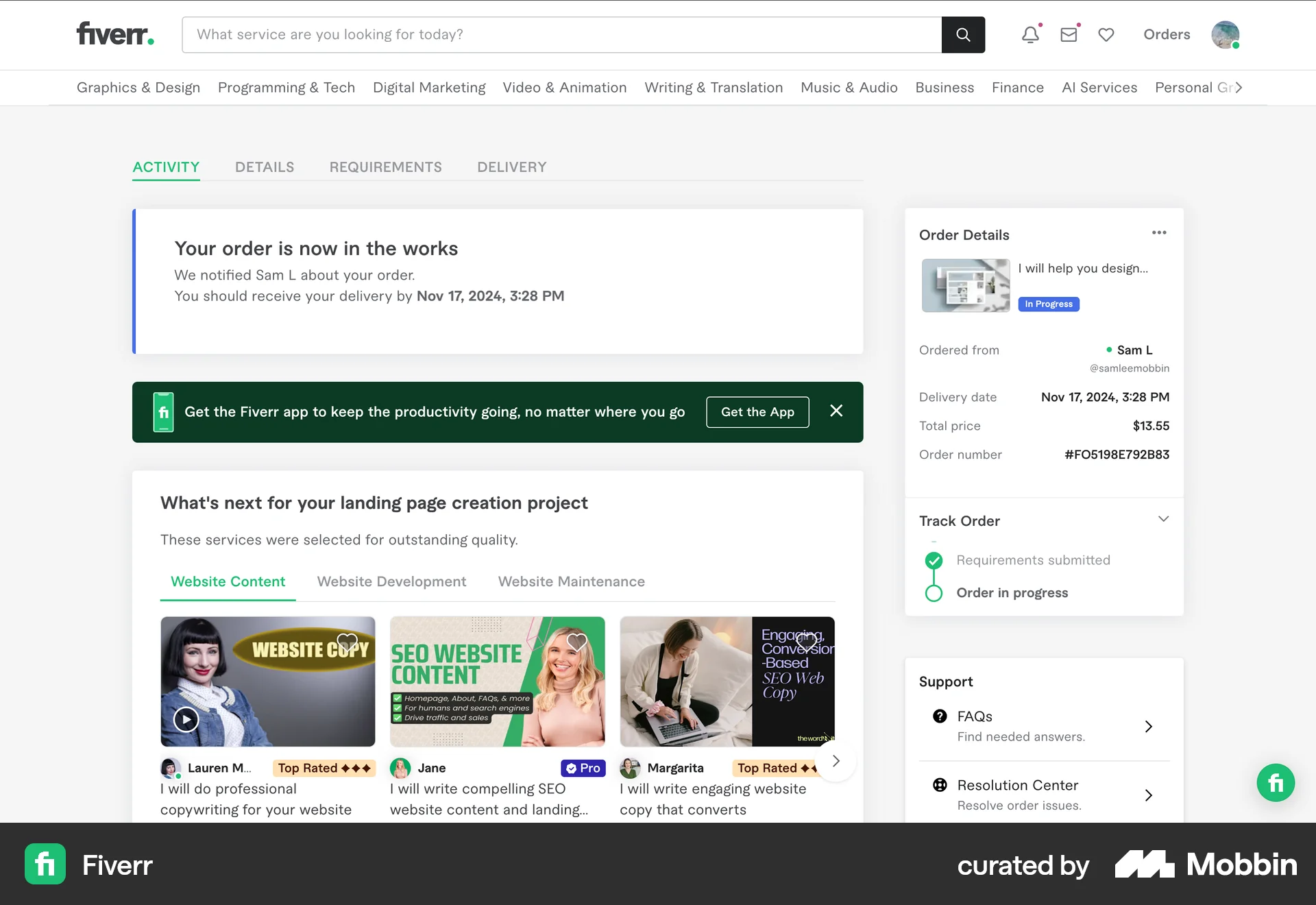 Fiverr Web Order Confirmation screen