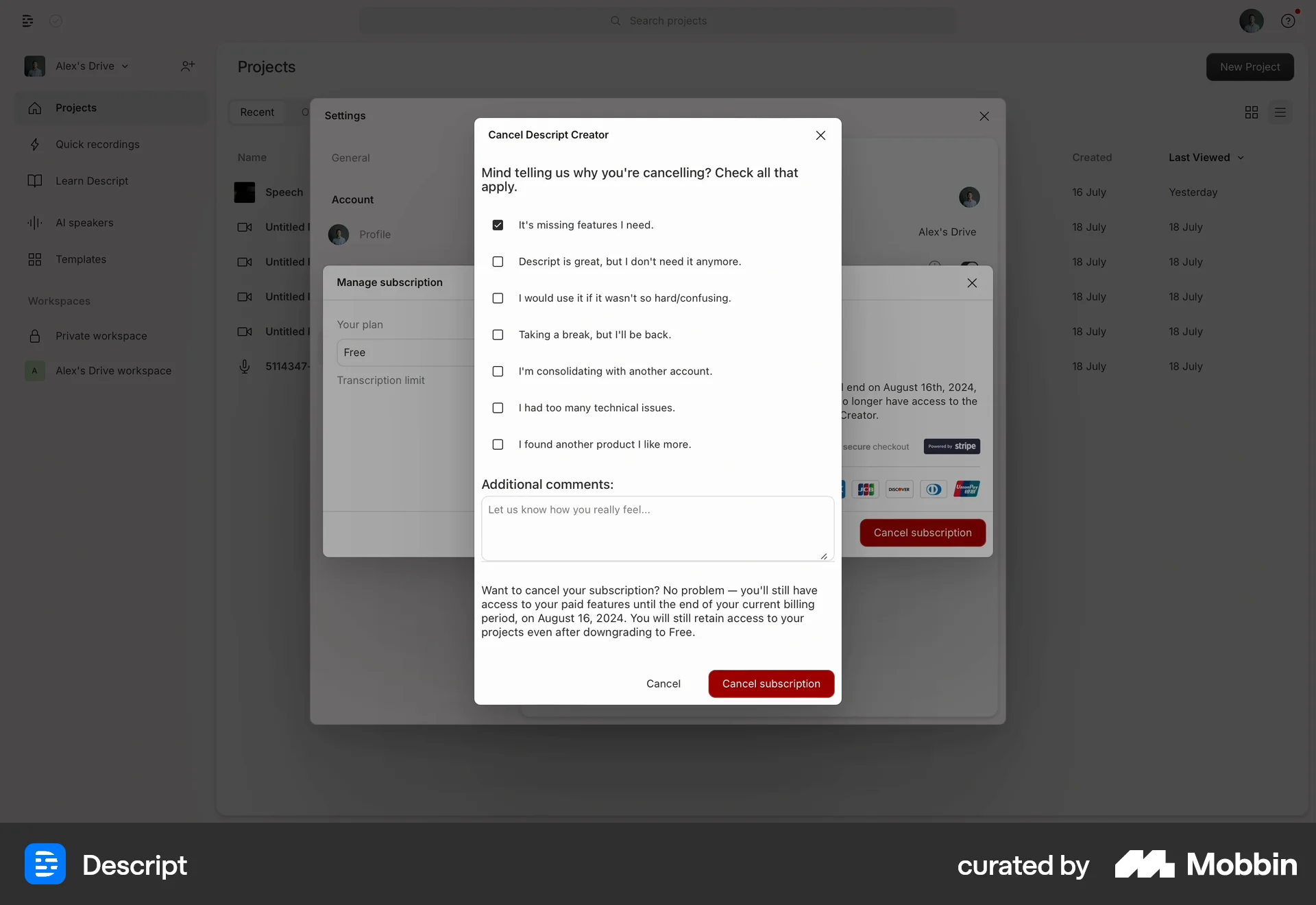 Descript Web Cancel screen