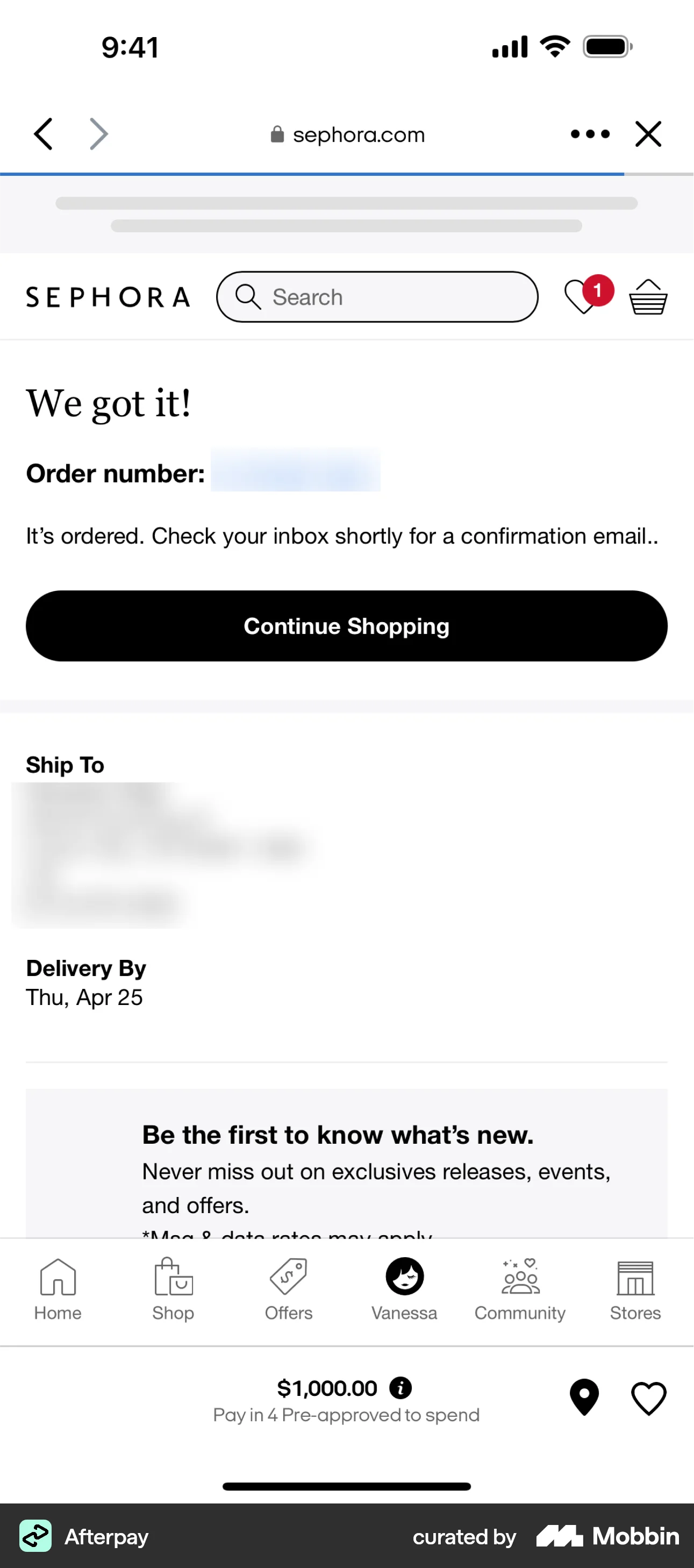 Afterpay iOS Order Confirmation screen