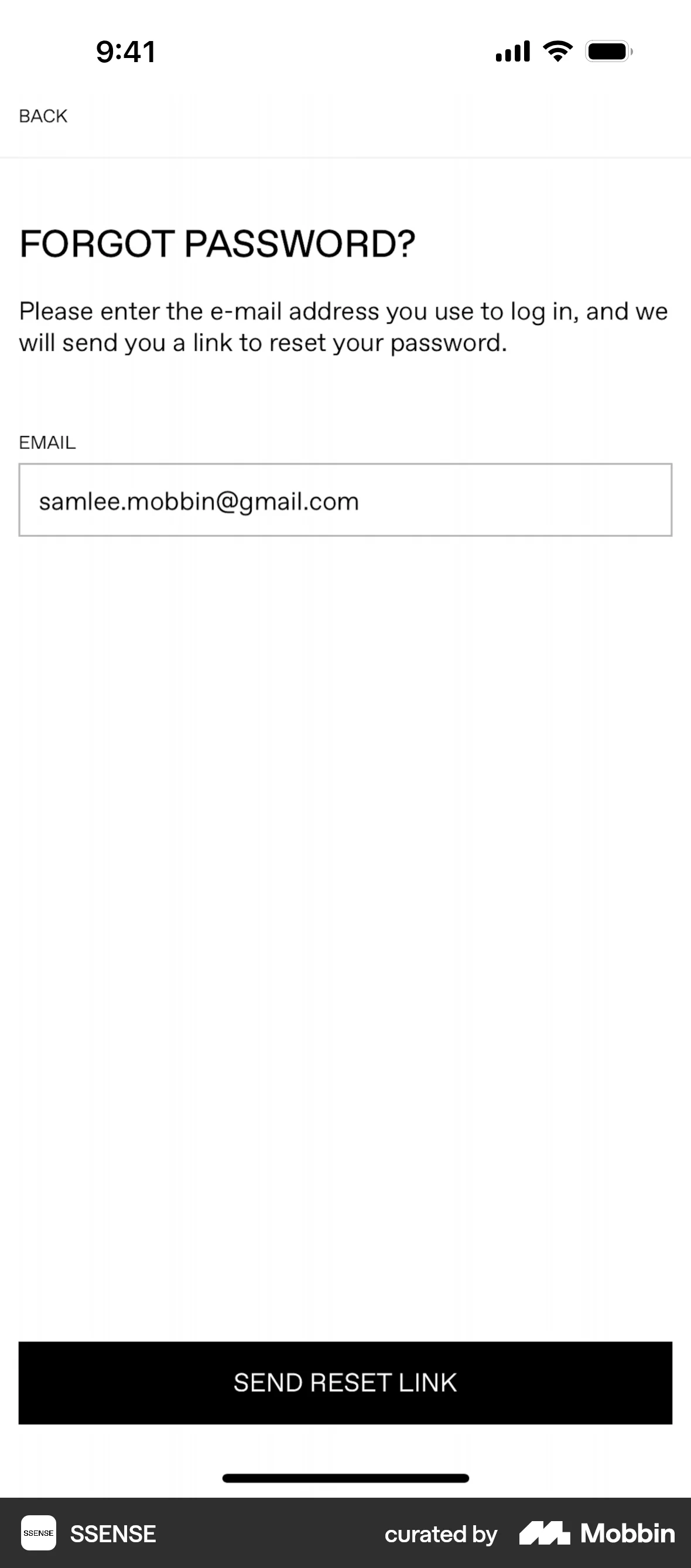 SSENSE iOS Forgot Password screen